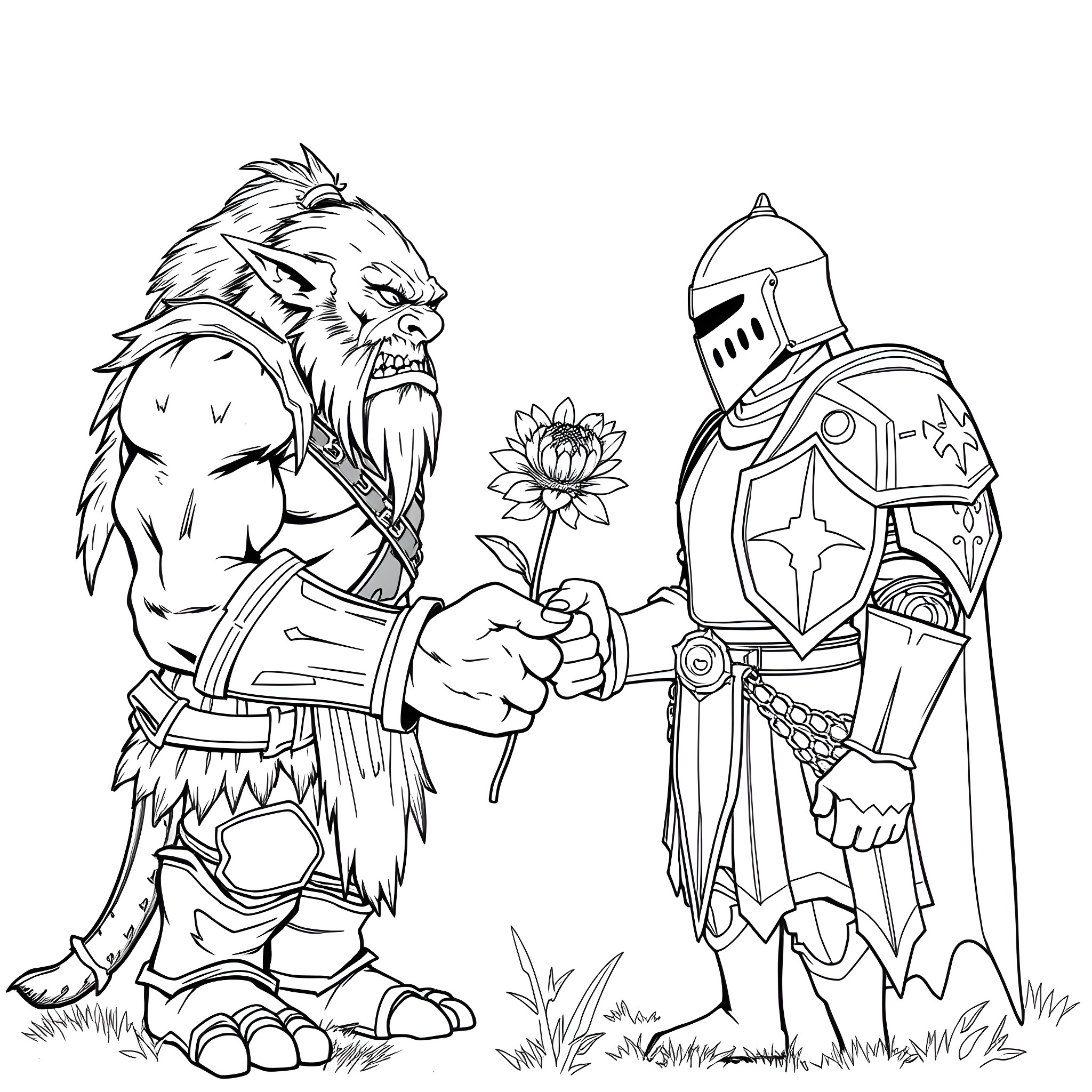 Orc and Knight Engaged in a Peaceful Exchange Coloring Page (free black-and-white line drawing printable PDF for all, from beginners to advanced learners, including children, teens, adults, and seniors)