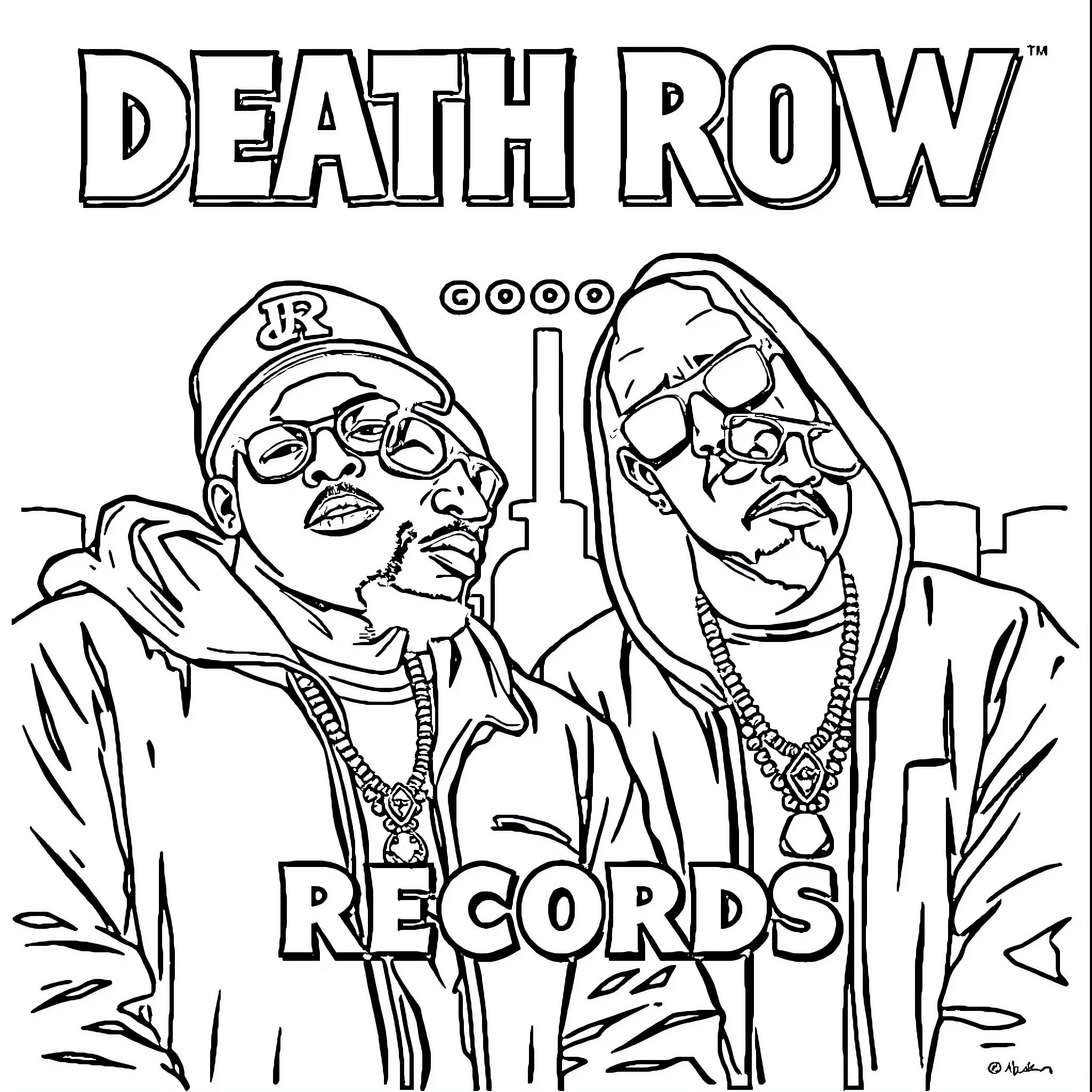 Deathrow Records rappers posing confidently in hip-hop attire Coloring Page (free black-and-white line drawing printable PDF for all, from beginners to advanced learners, including children, teens, adults, and seniors)