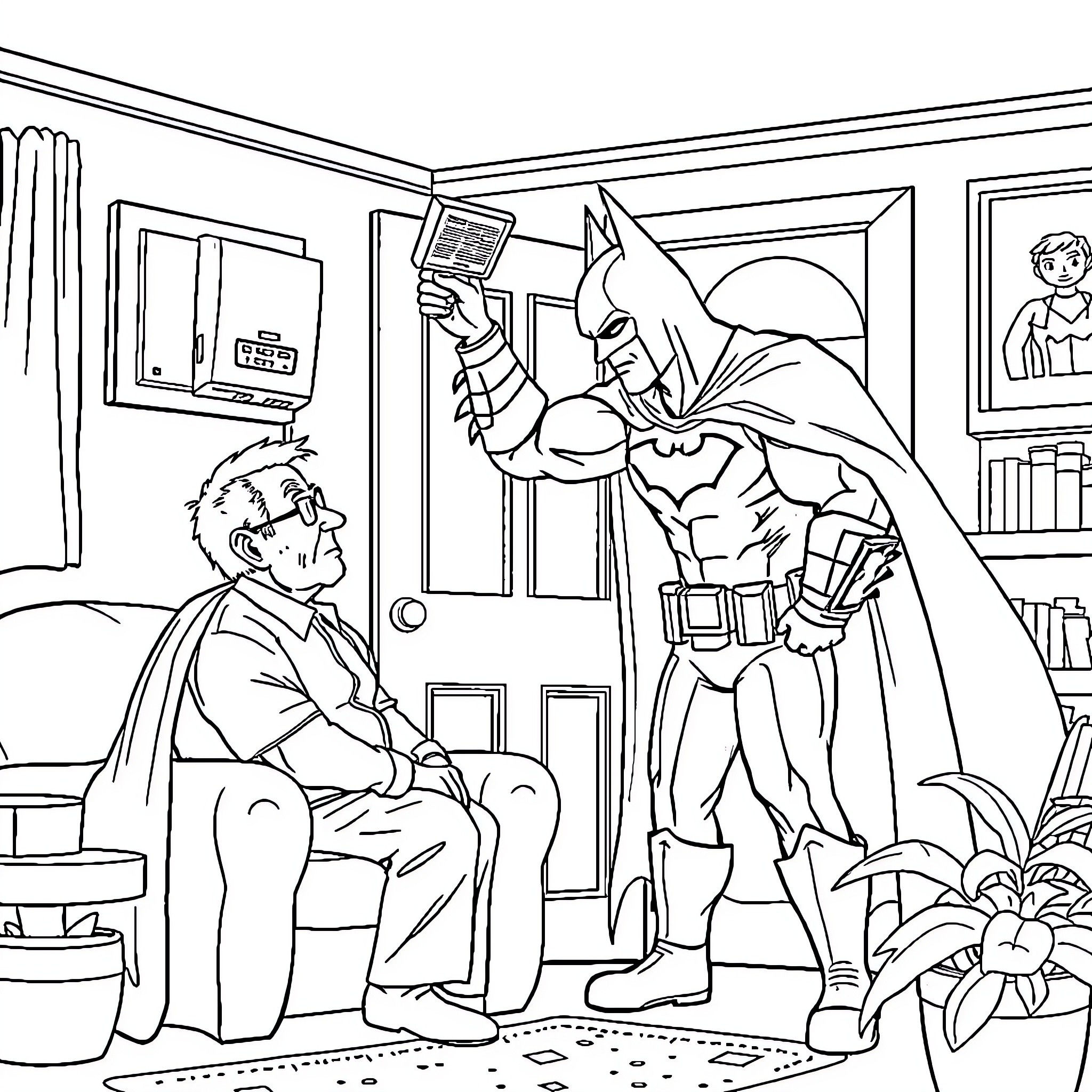 Batman confronts a criminal in a domestic setting Coloring Page (free black-and-white line drawing printable PDF for all, from beginners to advanced learners, including children, teens, adults, and seniors)