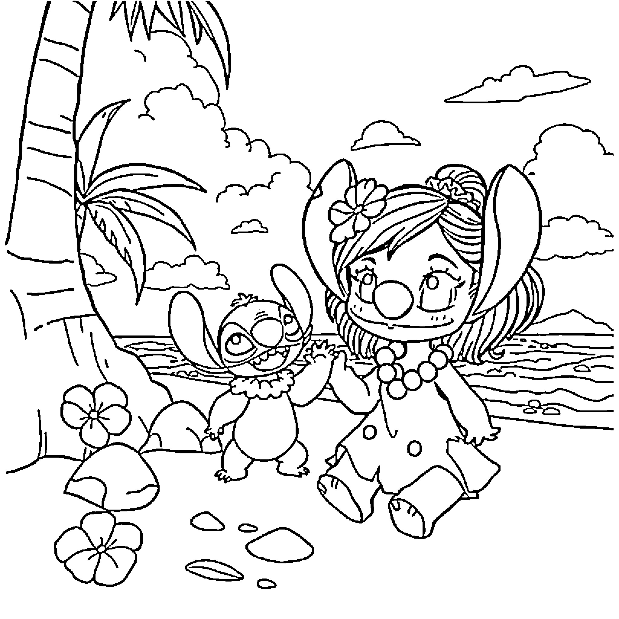 Lilo And Stitch Playing Happily on the Beach Coloring Page (free black-and-white line drawing printable PDF for all, from beginners to advanced learners, including children, teens, adults, and seniors)