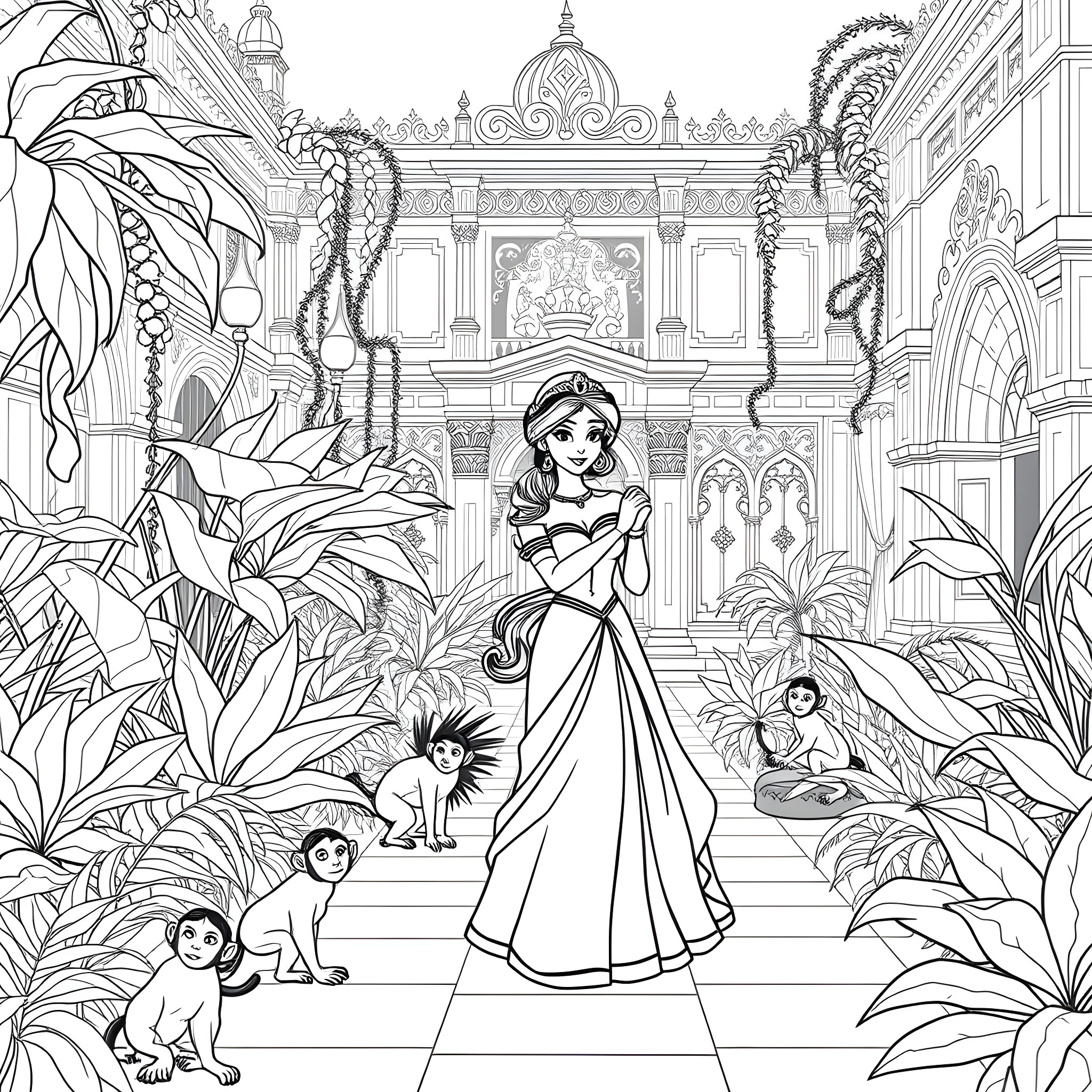 Jasmine in a Vibrant Palace Garden Coloring Page (free black-and-white line drawing printable PDF for all, from beginners to advanced learners, including children, teens, adults, and seniors)