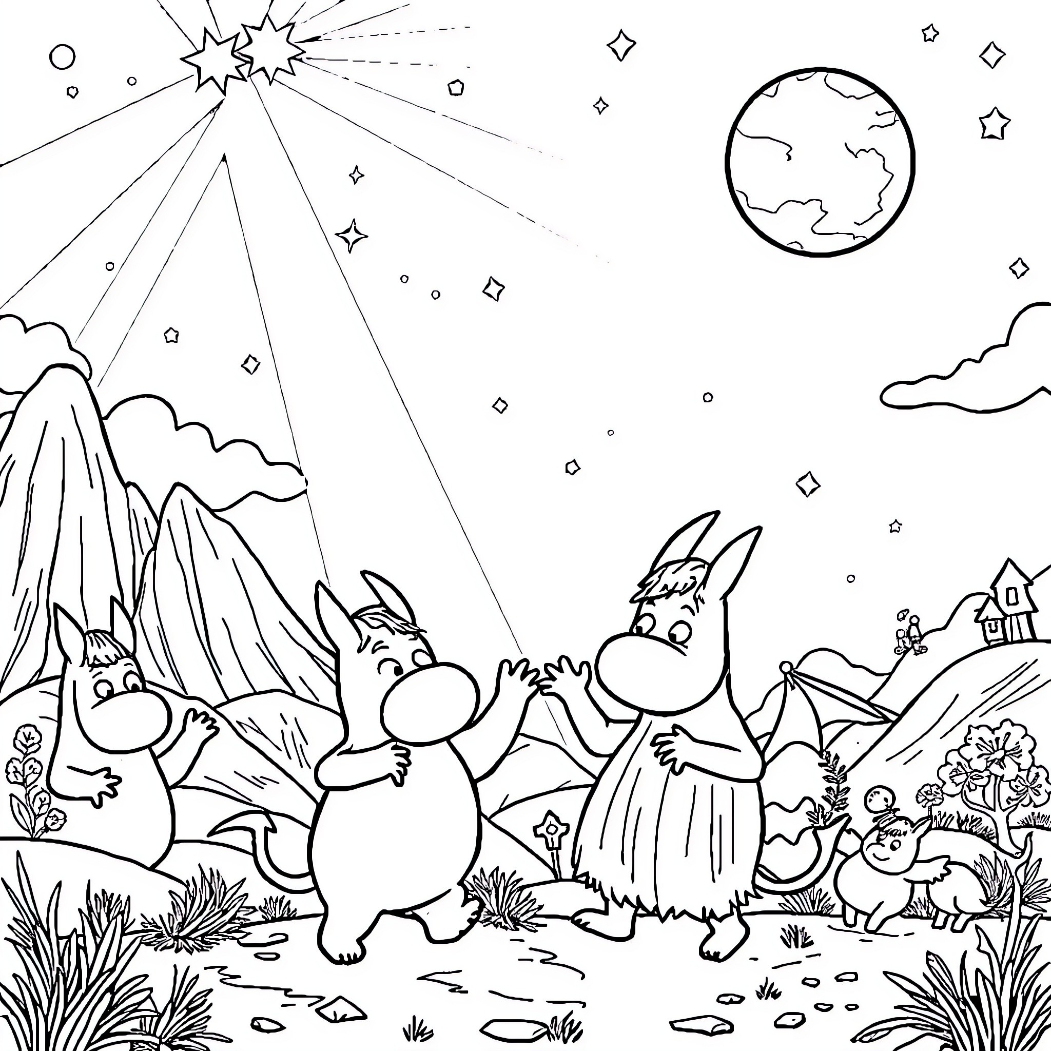 Demon Trolls Frolicking in Enchanted Landscape Coloring Page (free black-and-white line drawing printable PDF for all, from beginners to advanced learners, including children, teens, adults, and seniors)