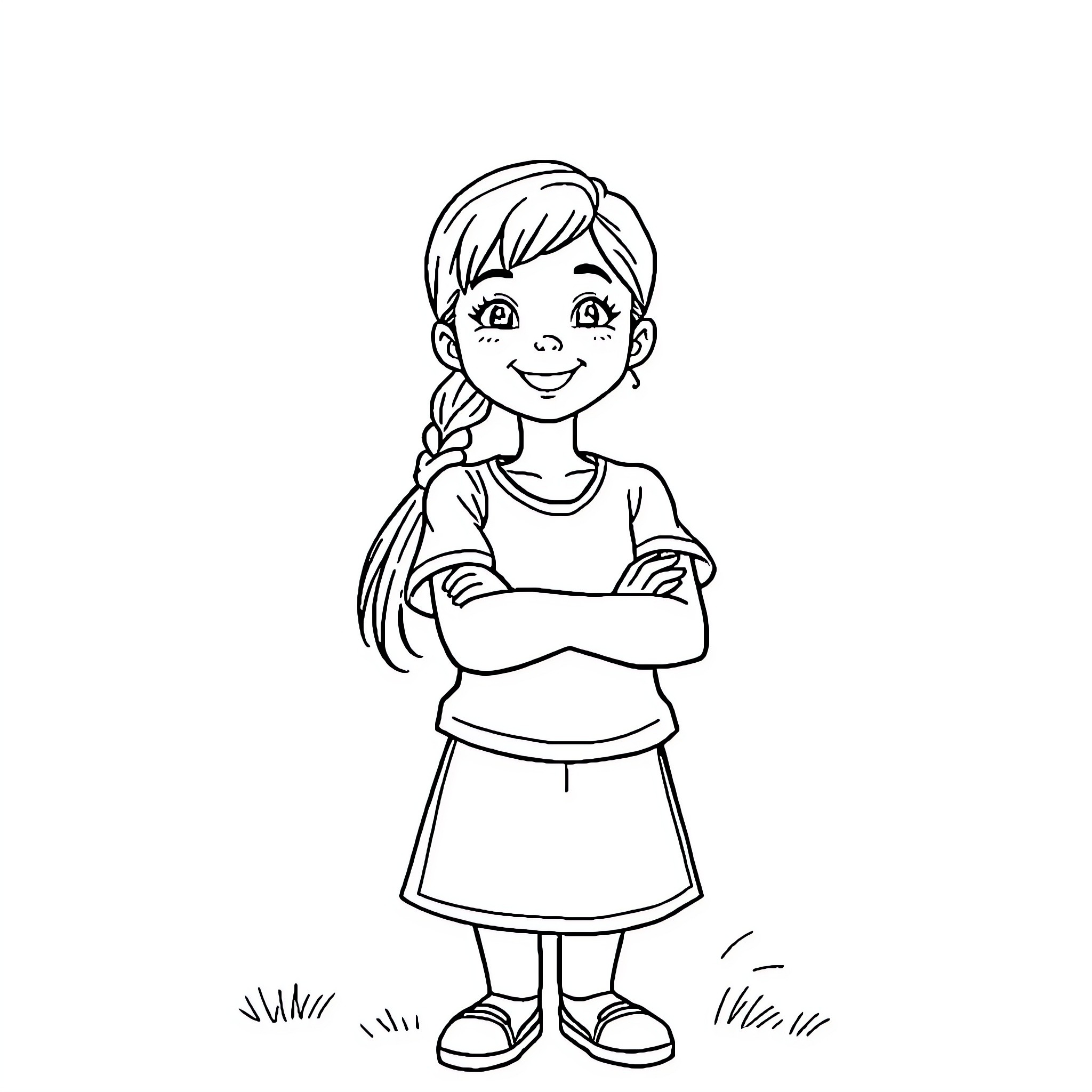 Girl standing confidently with crossed arms Coloring Page (free black-and-white line drawing printable PDF for all, from beginners to advanced learners, including children, teens, adults, and seniors)