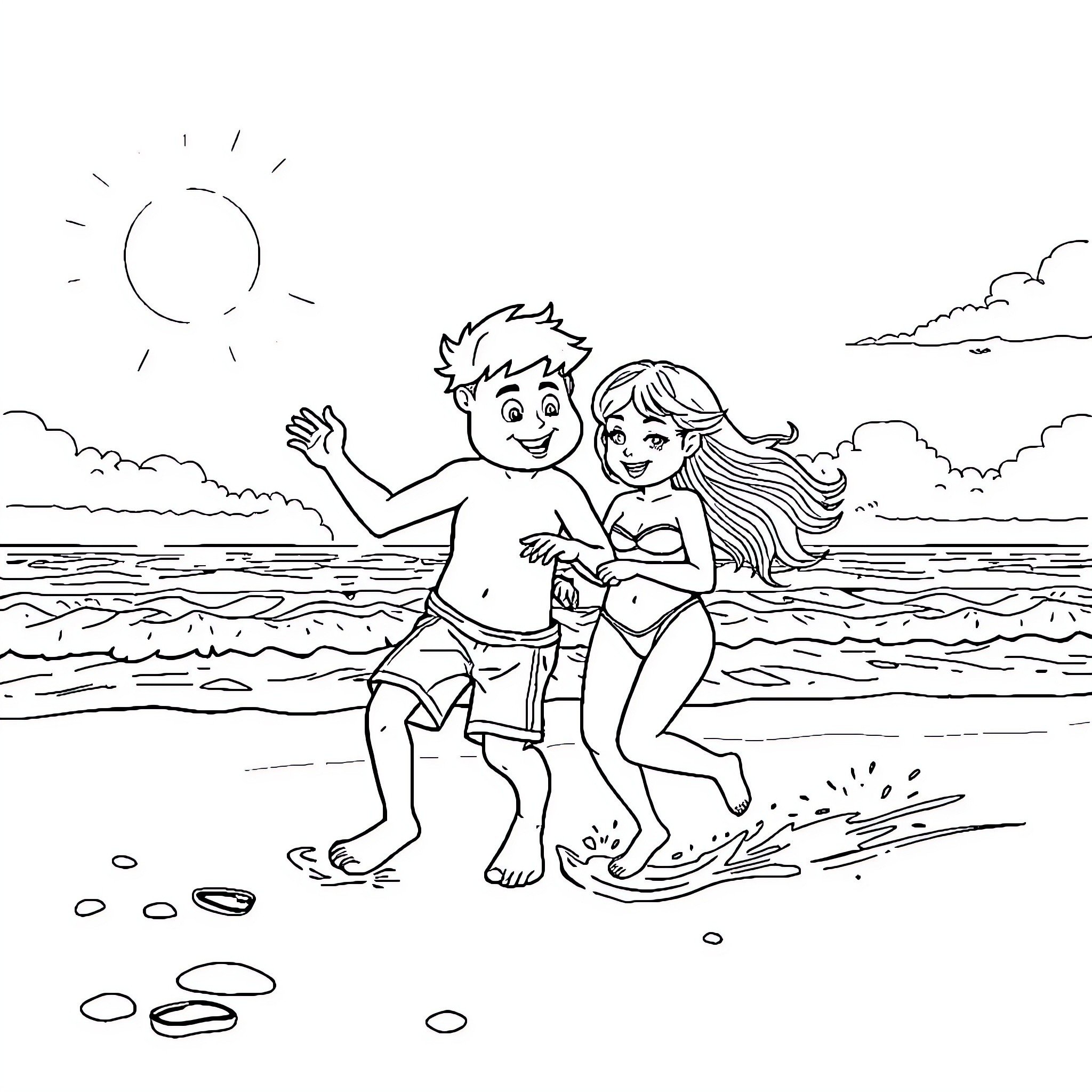 Esnupi couple enjoying a sunny day at the beach Coloring Page (free black-and-white line drawing printable PDF for all, from beginners to advanced learners, including children, teens, adults, and seniors)