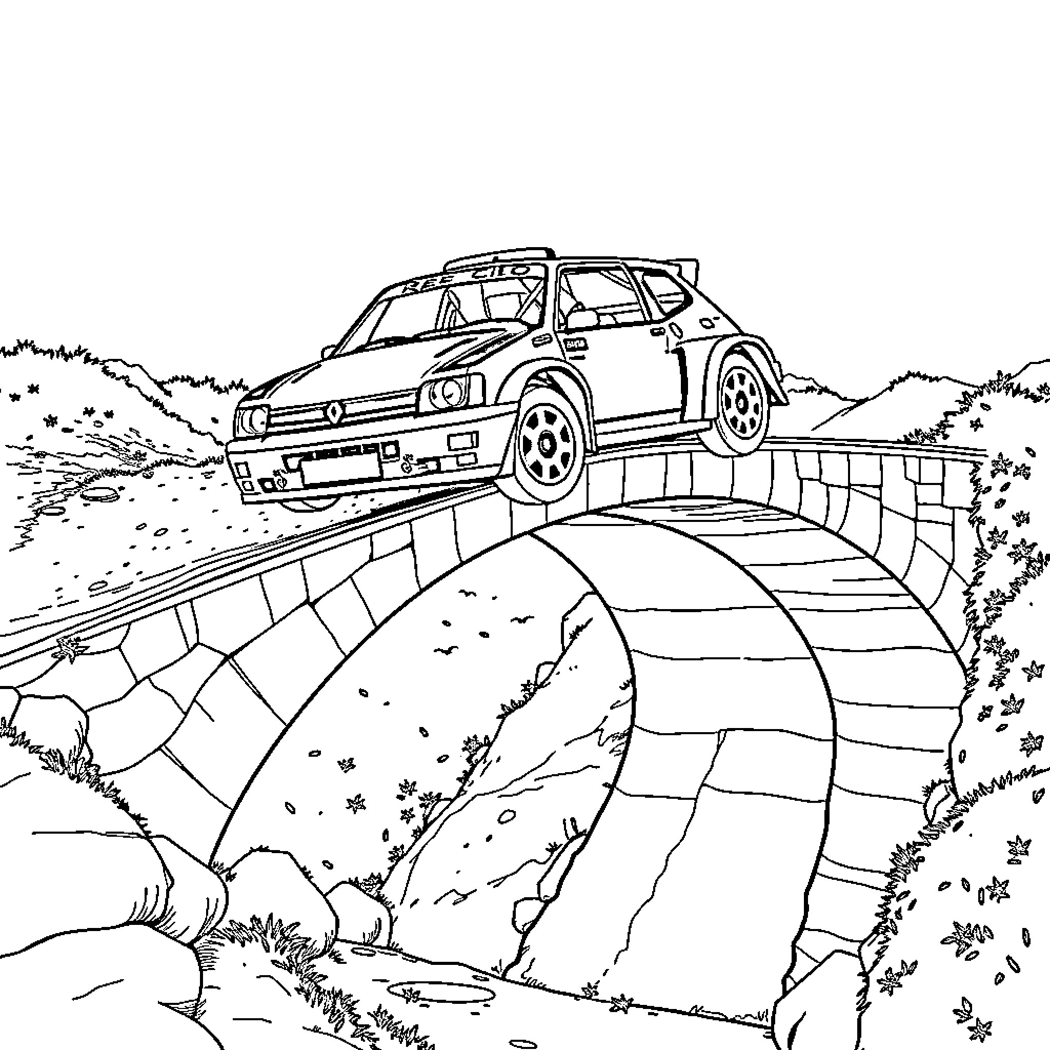 Rally Car Navigating Treacherous Mountain Road Coloring Page (free black-and-white line drawing printable PDF for all, from beginners to advanced learners, including children, teens, adults, and seniors)