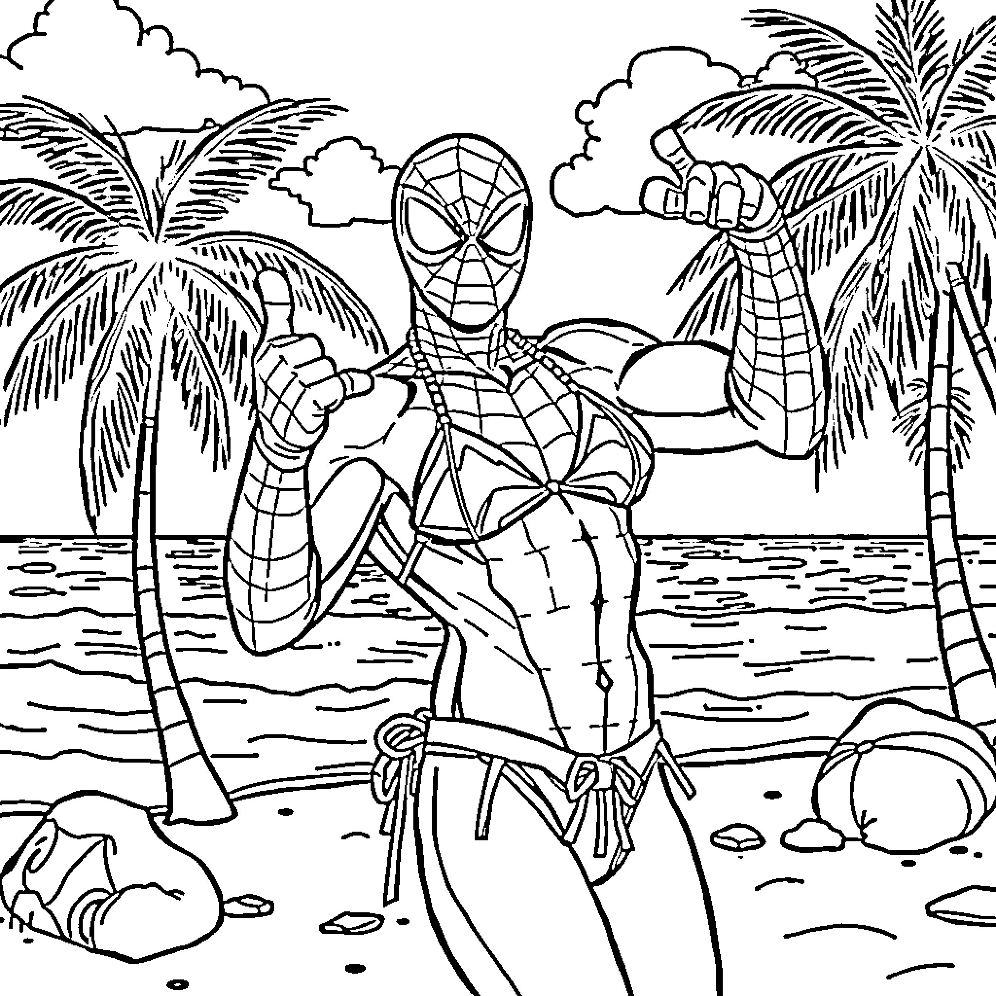 Spider-Man swinging through a tropical beach scene Coloring Page (free black-and-white line drawing printable PDF for all, from beginners to advanced learners, including children, teens, adults, and seniors)
