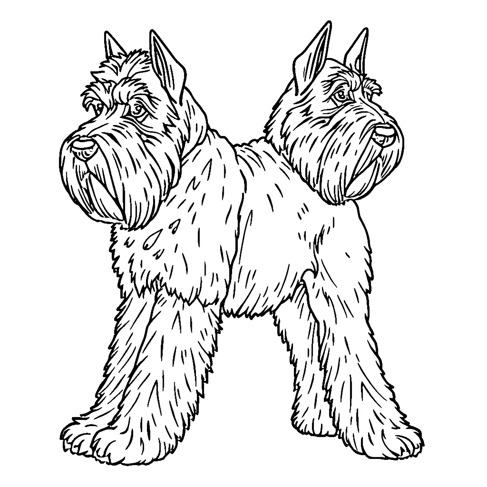 Schnauzer dogs in playful stance Coloring Page (free black-and-white line drawing printable PDF for all, from beginners to advanced learners, including children, teens, adults, and seniors)