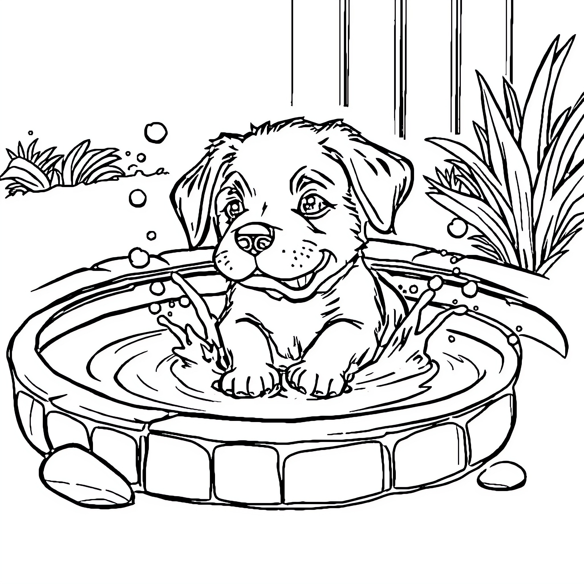 Puppy playing happily in a pool Coloring Page (free black-and-white line drawing printable PDF for all, from beginners to advanced learners, including children, teens, adults, and seniors)