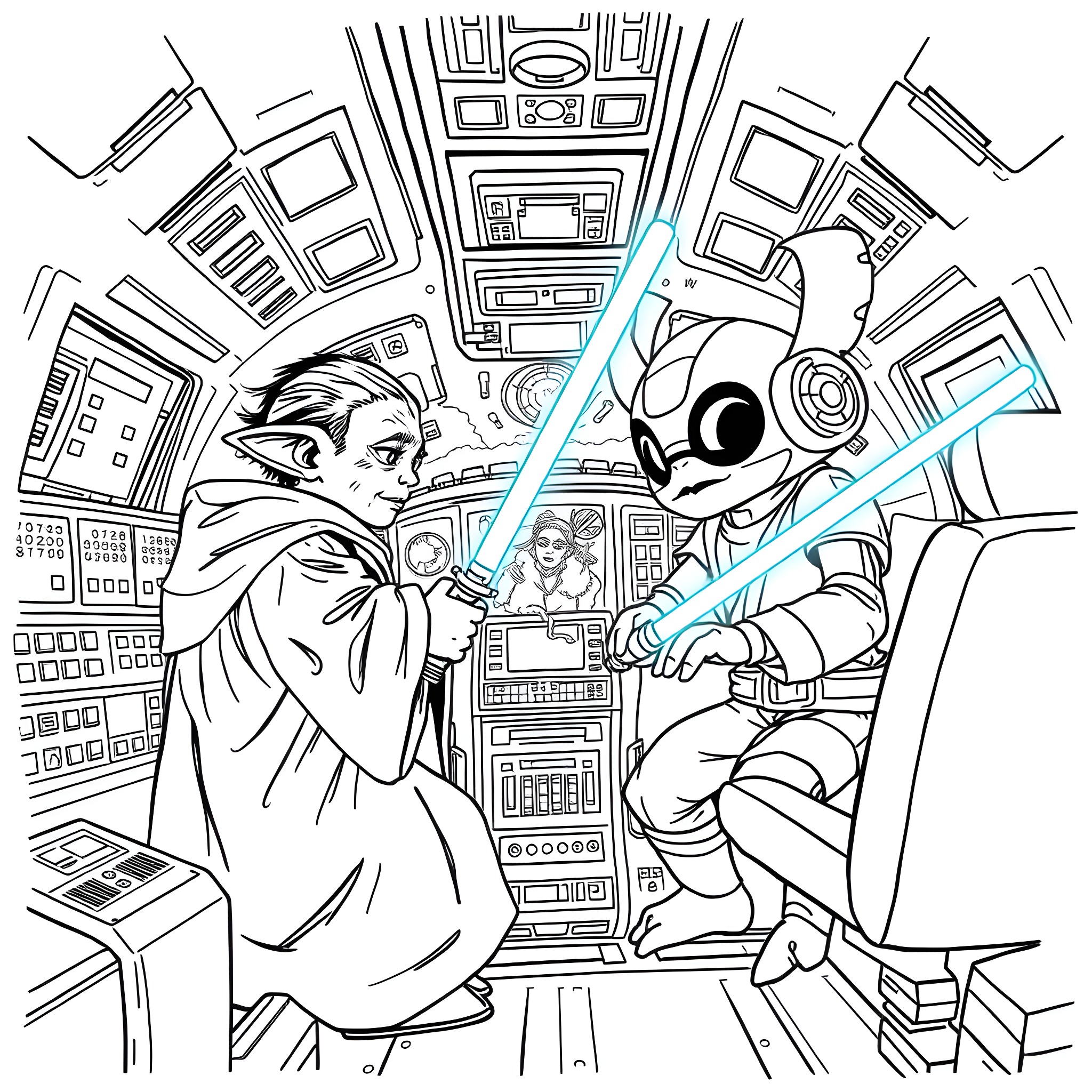 Yoda battles Stitch in the cockpit Coloring Page (free black-and-white line drawing printable PDF for all, from beginners to advanced learners, including children, teens, adults, and seniors)