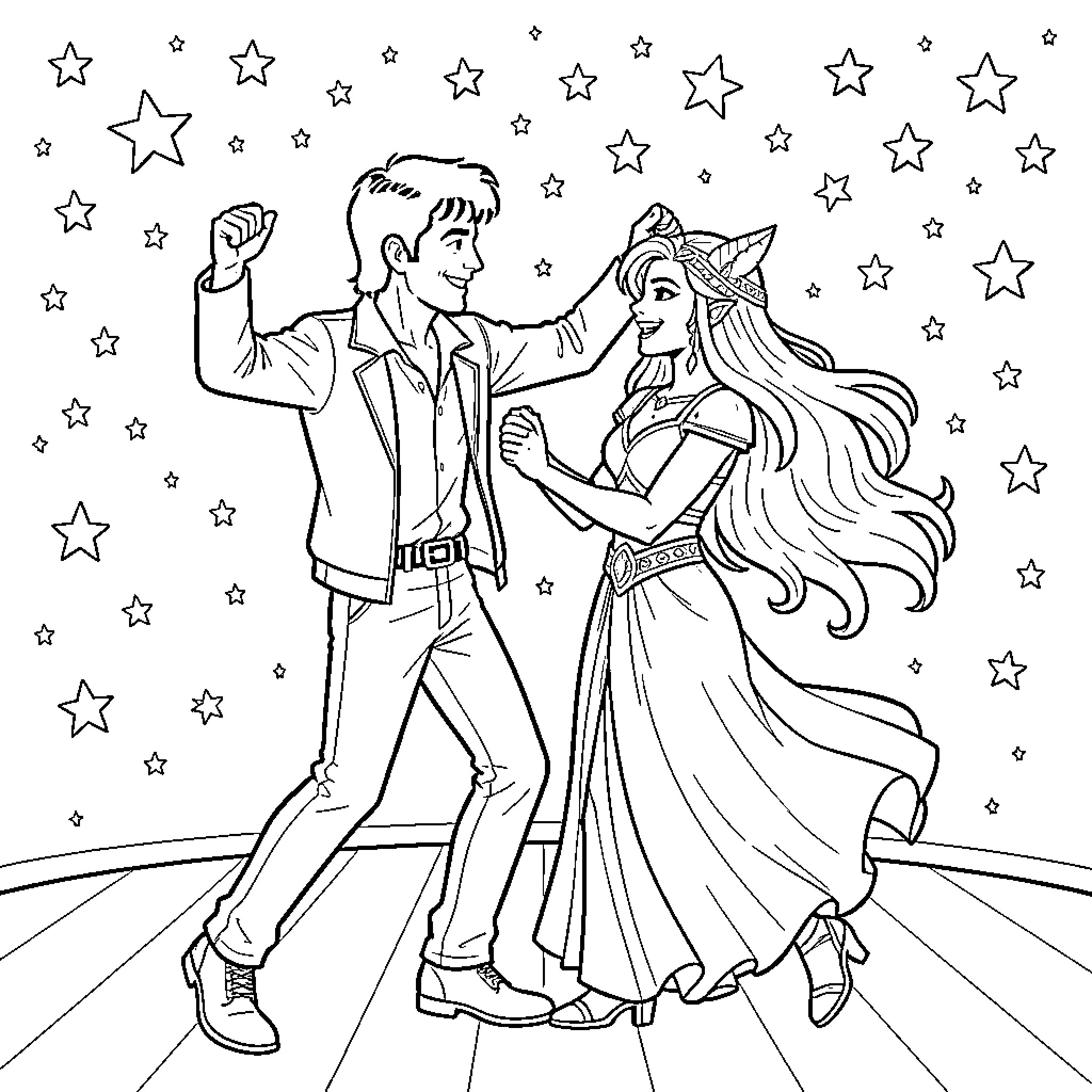 Marty McFly dancing joyfully with a princess under stars Coloring Page (free black-and-white line drawing printable PDF for all, from beginners to advanced learners, including children, teens, adults, and seniors)