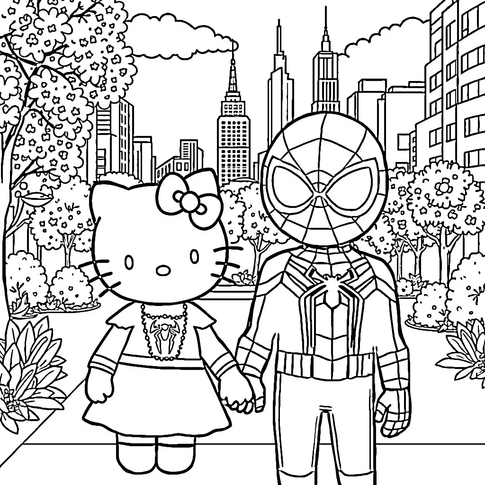 Hello Kitty and Spider-Man in the City Coloring Page (free black-and-white line drawing printable PDF for all, from beginners to advanced learners, including children, teens, adults, and seniors)