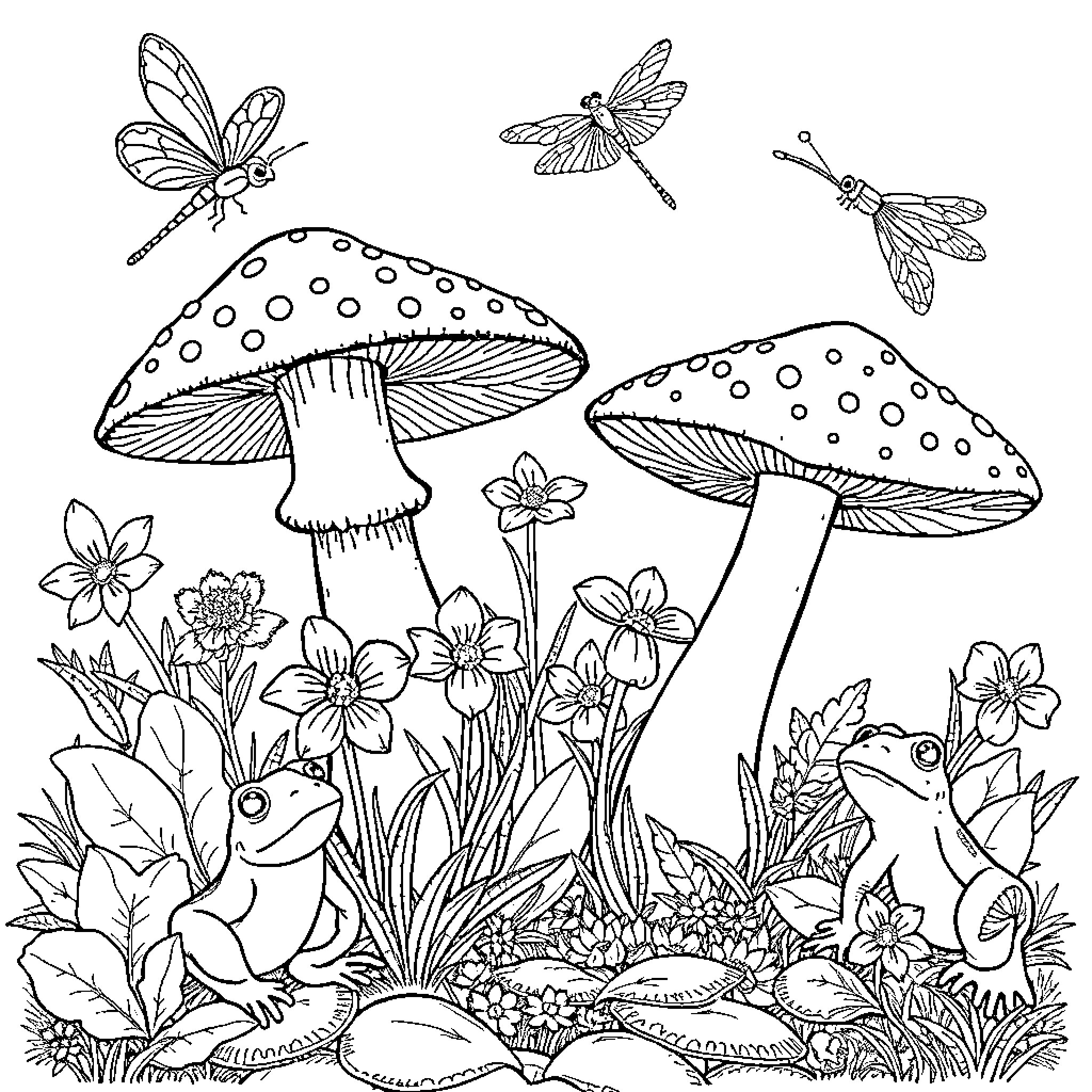 Mushroom Garden with Whimsical Creatures Coloring Page (free black-and-white line drawing printable PDF for all, from beginners to advanced learners, including children, teens, adults, and seniors)