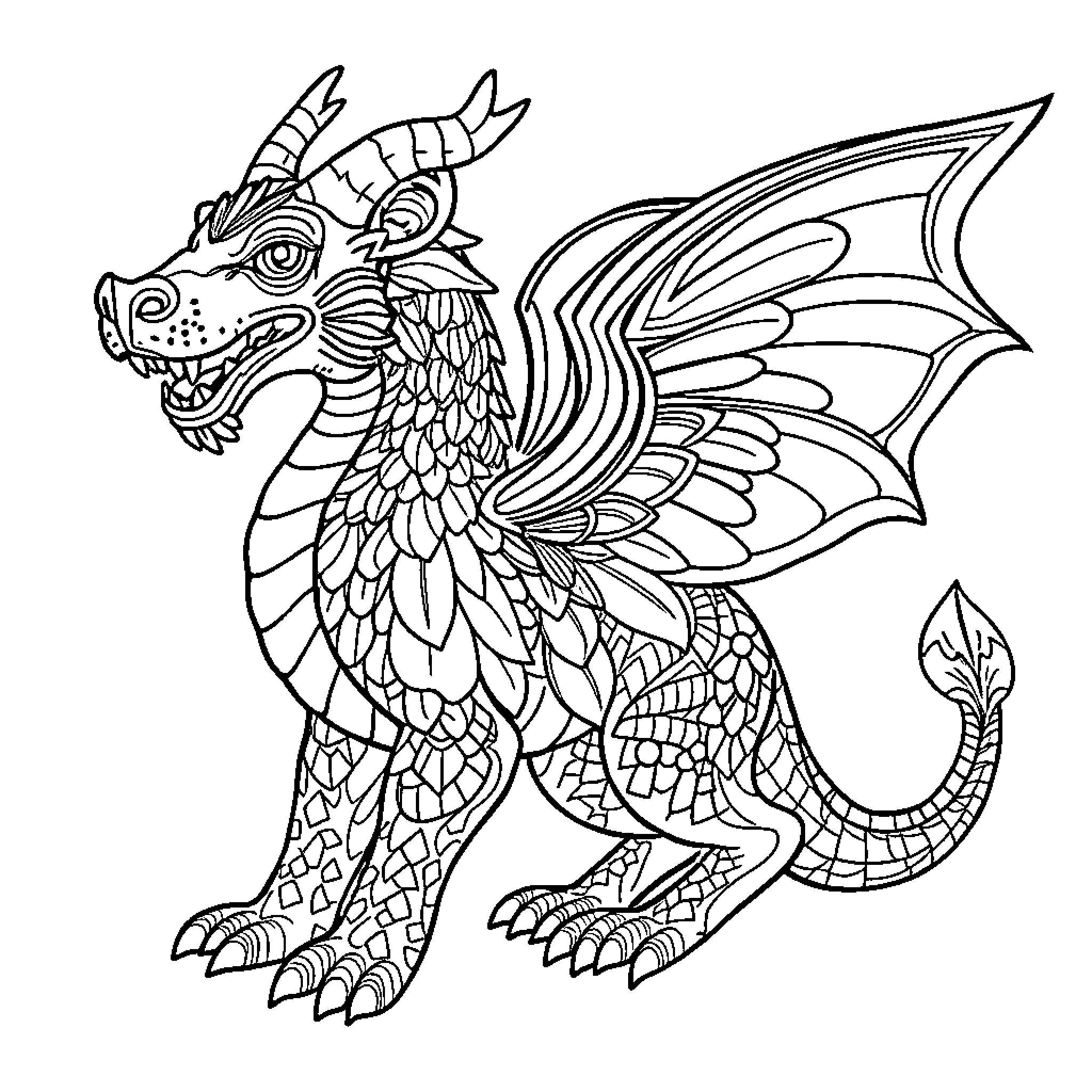 Alebrije dragon with intricate patterns and wings Coloring Page (free black-and-white line drawing printable PDF for all, from beginners to advanced learners, including children, teens, adults, and seniors)