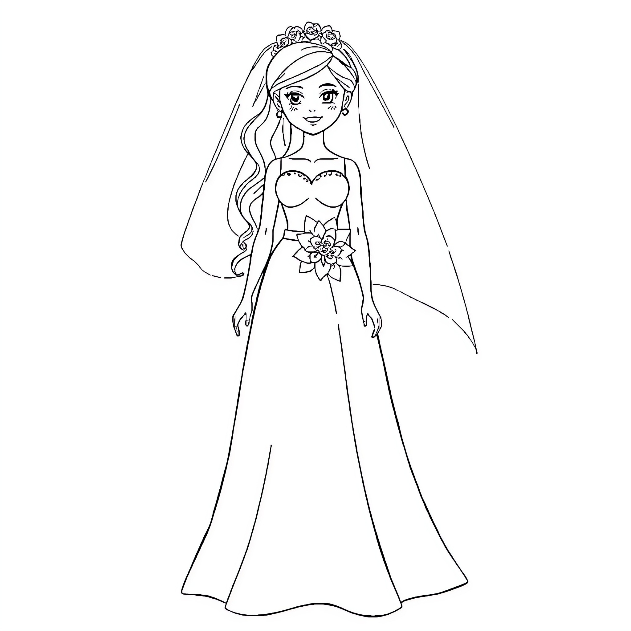 Bride wearing elaborate gown and veil holding bouquet Coloring Page (free black-and-white line drawing printable PDF for all, from beginners to advanced learners, including children, teens, adults, and seniors)