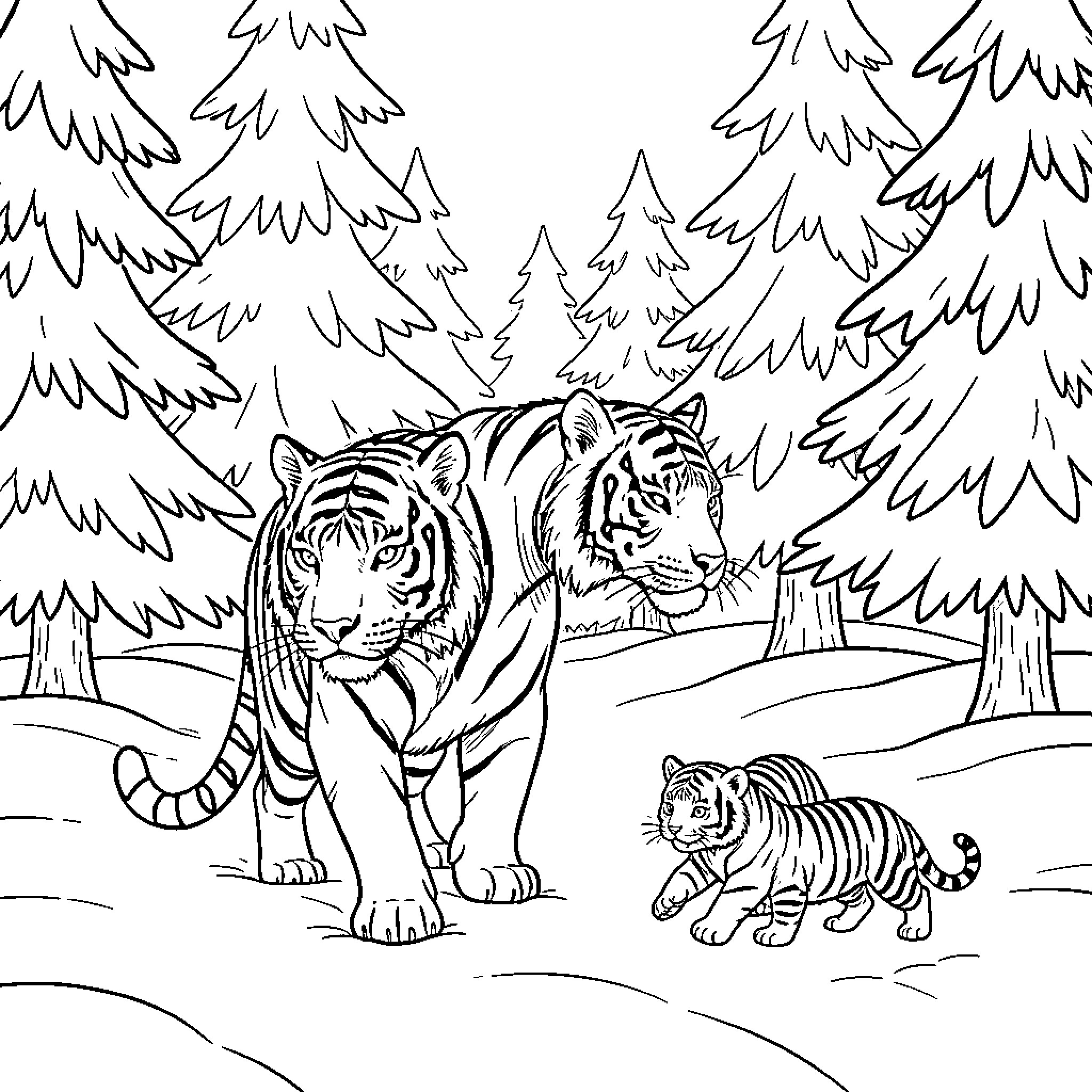 Tigre walking through a snowy forest with cub Coloring Page (free black-and-white line drawing printable PDF for all, from beginners to advanced learners, including children, teens, adults, and seniors)