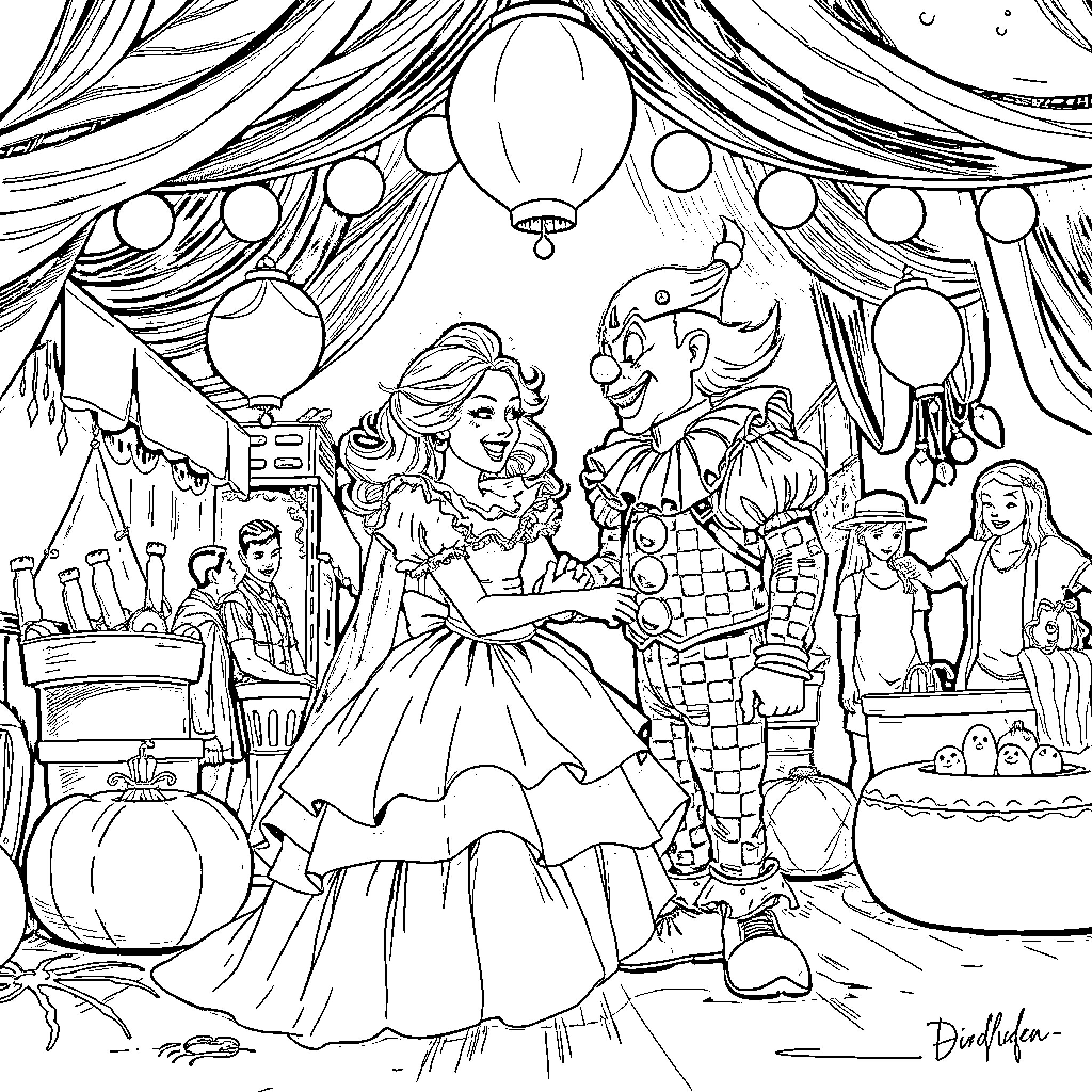Bride Celebrating with Circus Performers Coloring Page (free black-and-white line drawing printable PDF for all, from beginners to advanced learners, including children, teens, adults, and seniors)