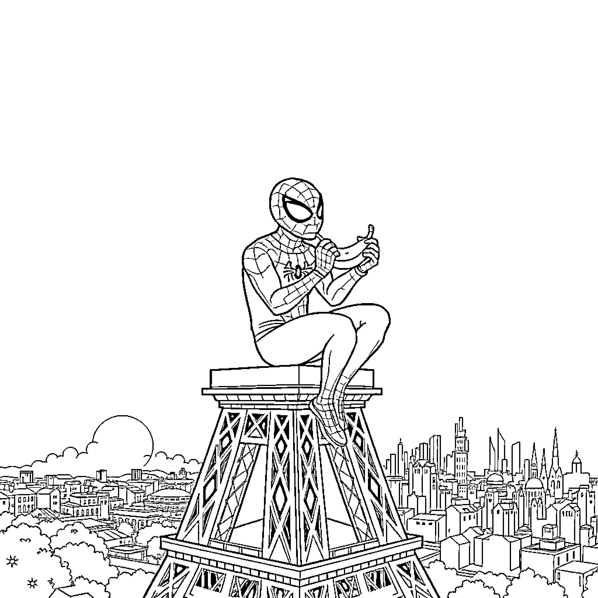 Spiderman surveying the city from atop a tall structure Coloring Page (free black-and-white line drawing printable PDF for all, from beginners to advanced learners, including children, teens, adults, and seniors)