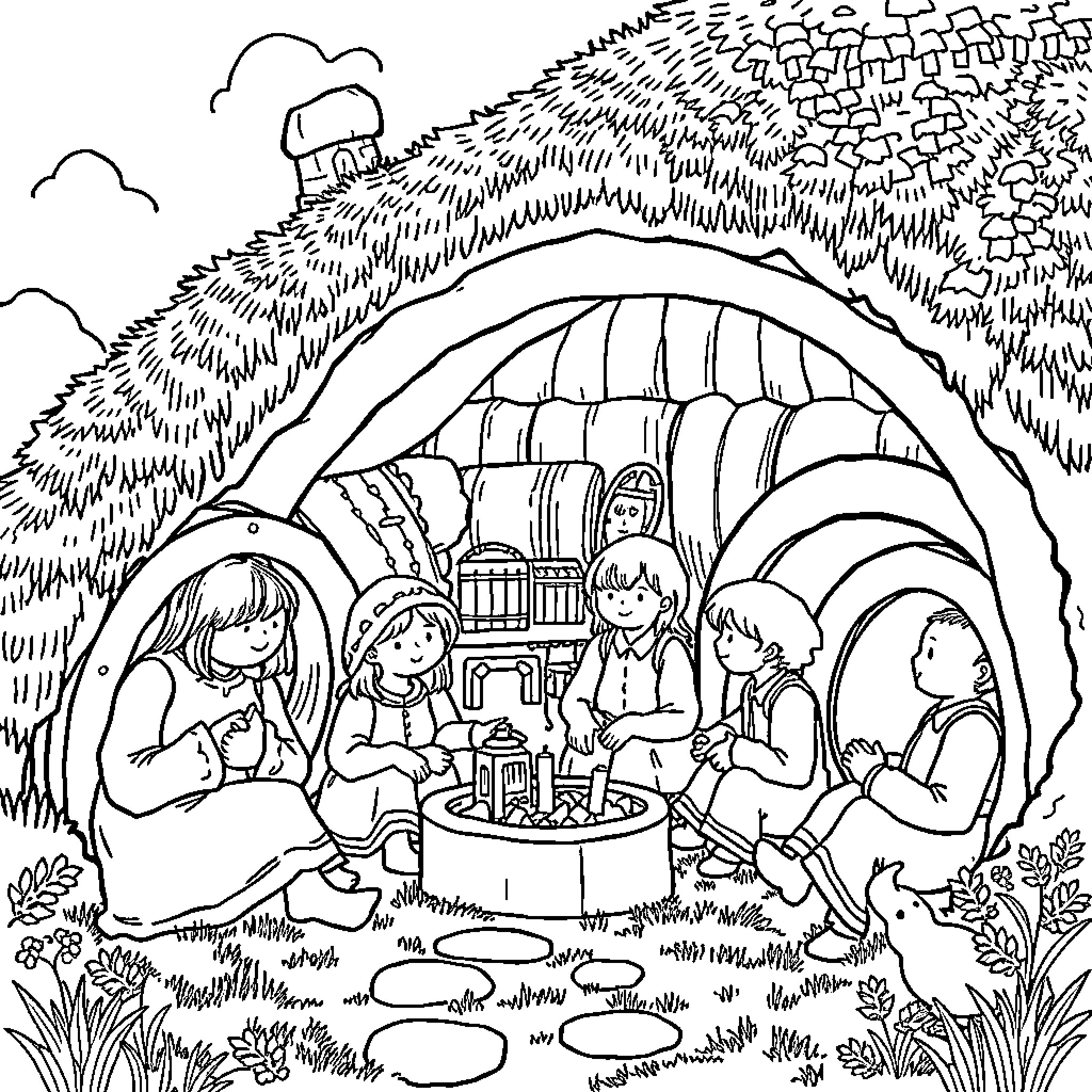 Hobbit friends enjoying a cozy gathering outdoors Coloring Page (free black-and-white line drawing printable PDF for all, from beginners to advanced learners, including children, teens, adults, and seniors)