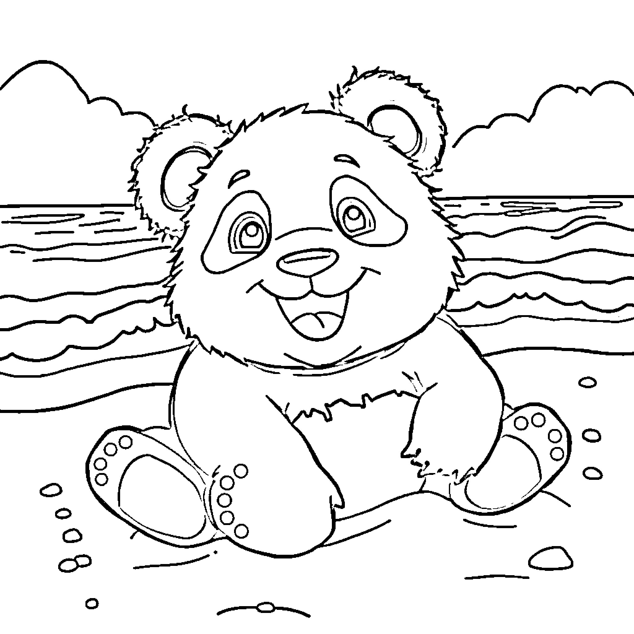 Panda playing joyfully near the ocean Coloring Page (free black-and-white line drawing printable PDF for all, from beginners to advanced learners, including children, teens, adults, and seniors)
