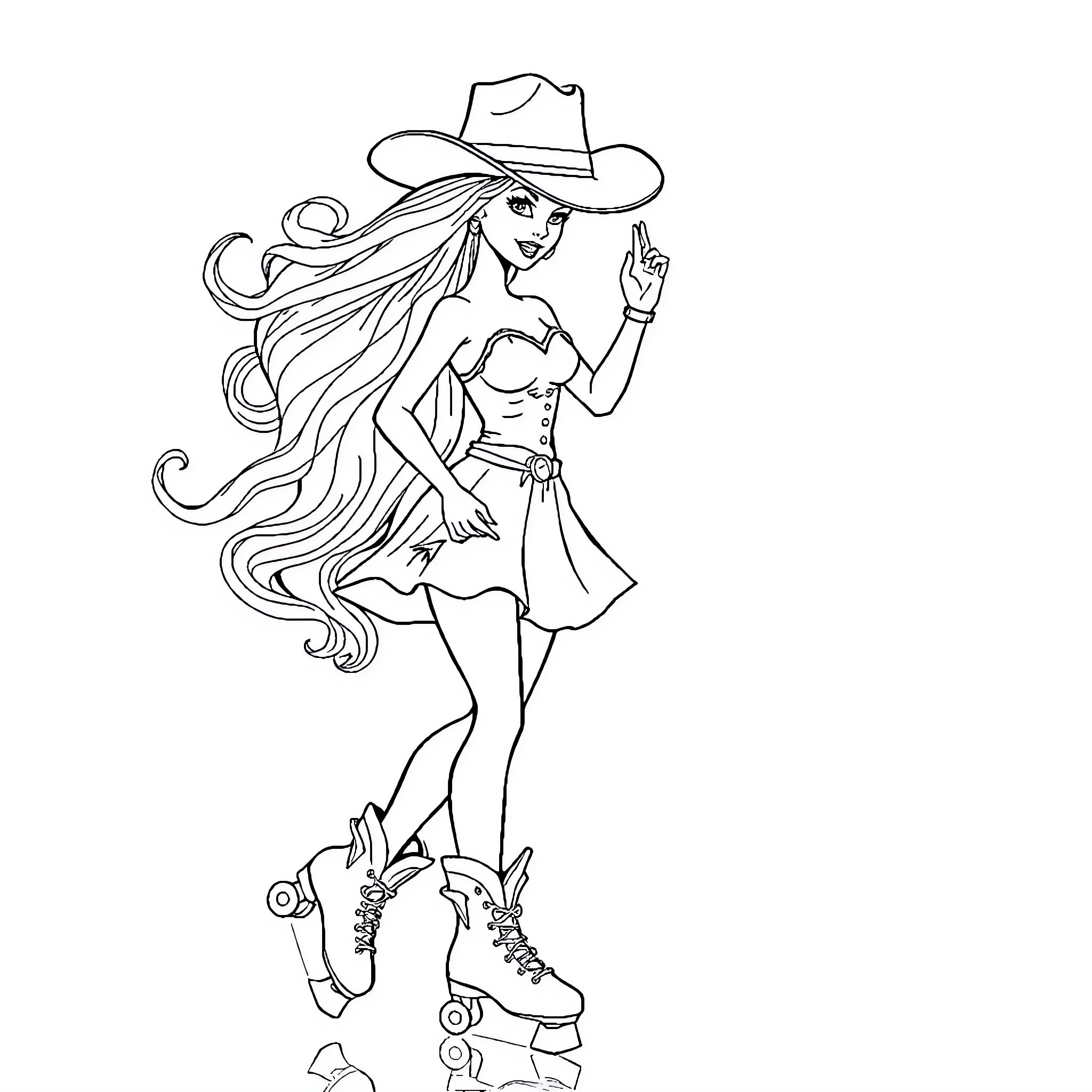 Barbie Roller Skating in Cowgirl Outfit Coloring Page (free black-and-white line drawing printable PDF for all, from beginners to advanced learners, including children, teens, adults, and seniors)