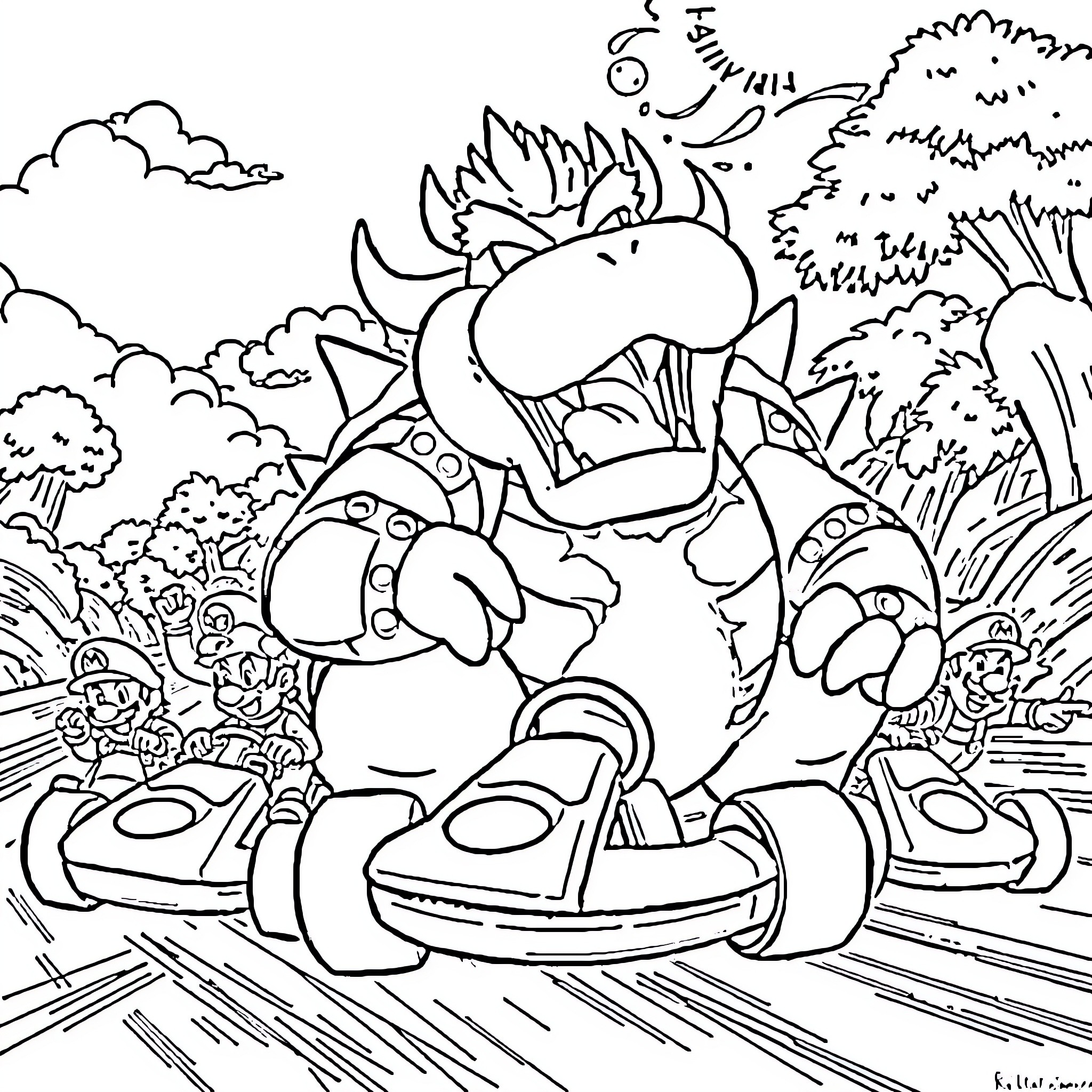 Bowser riding a high-speed kart through a lush landscape Coloring Page (free black-and-white line drawing printable PDF for all, from beginners to advanced learners, including children, teens, adults, and seniors)