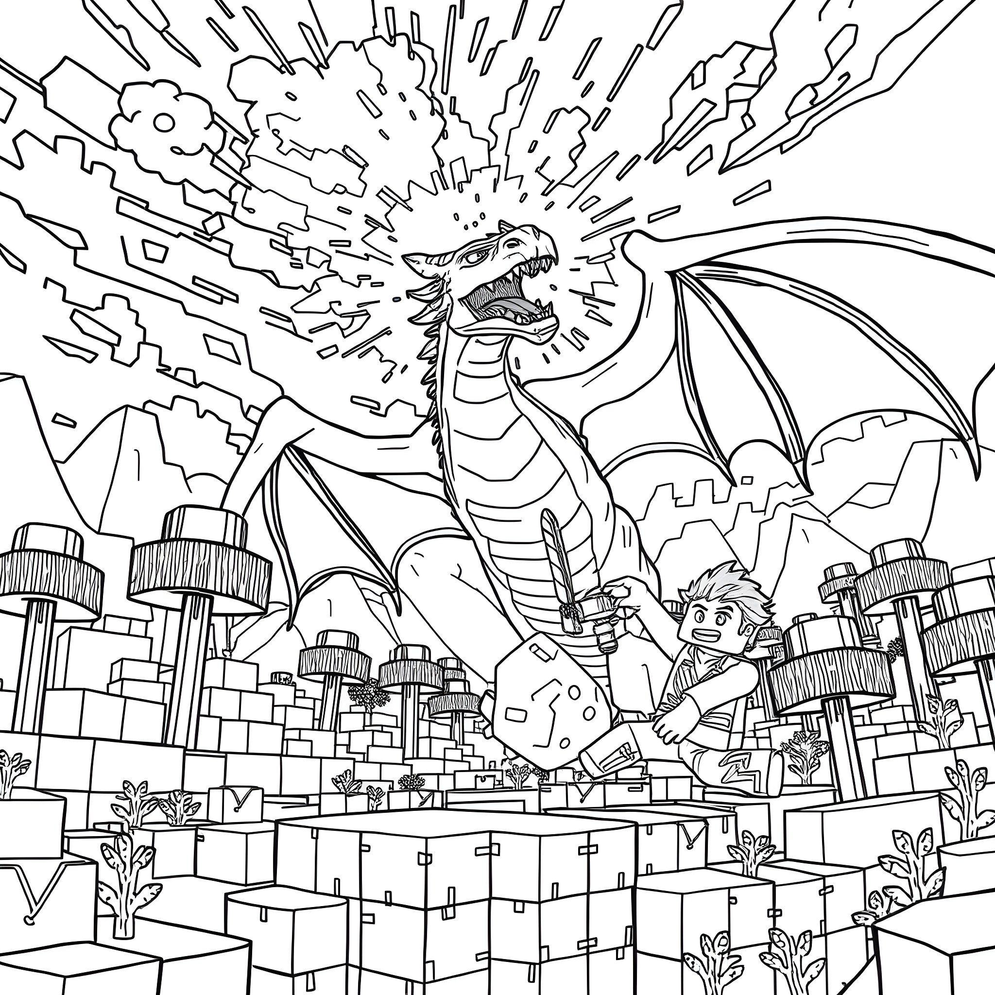 Steve battles the mighty dragon in the city Coloring Page (free black-and-white line drawing printable PDF for all, from beginners to advanced learners, including children, teens, adults, and seniors)