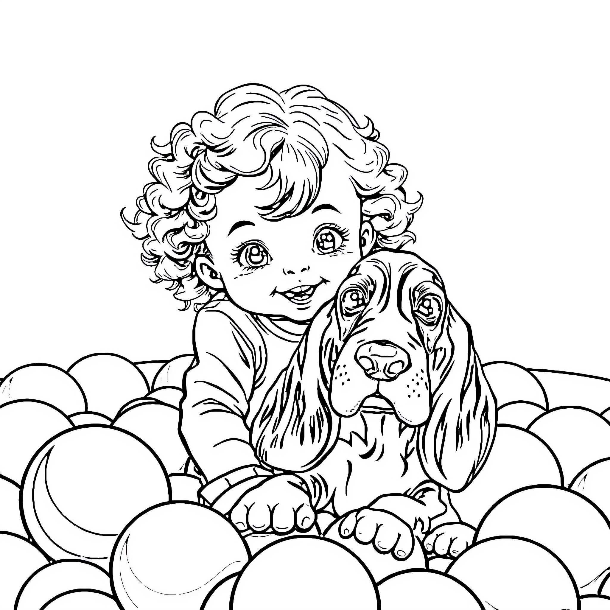 Girl with Curls and Puppy in Flowers Coloring Page (free black-and-white line drawing printable PDF for all, from beginners to advanced learners, including children, teens, adults, and seniors)