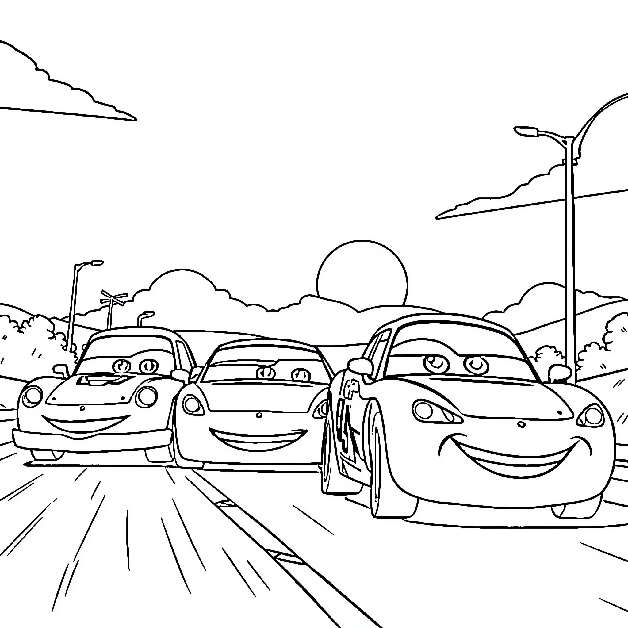 Cars racing along the open road Coloring Page (free black-and-white line drawing printable PDF for all, from beginners to advanced learners, including children, teens, adults, and seniors)