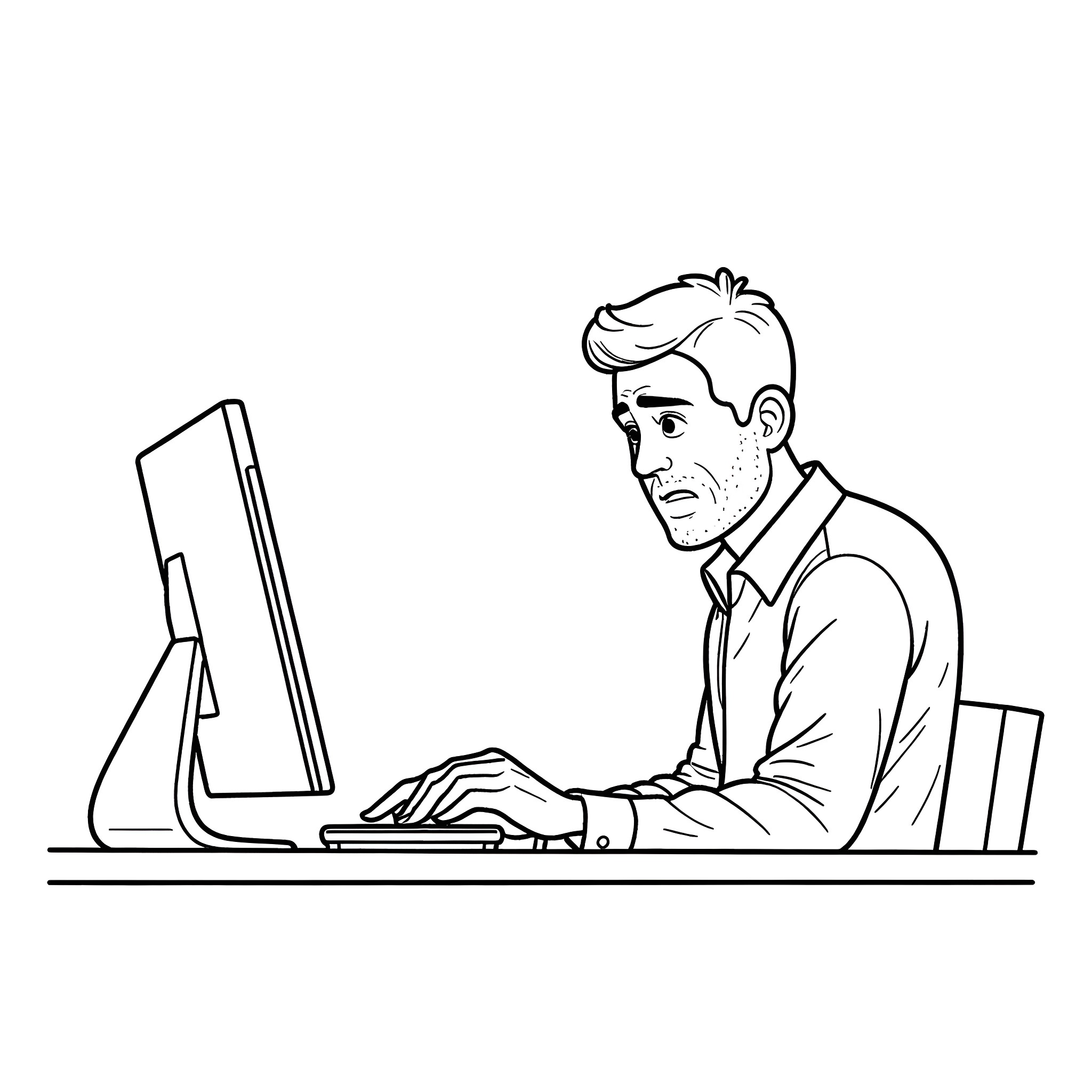 Bitcoin trader focused on computer screen Coloring Page (free black-and-white line drawing printable PDF for all, from beginners to advanced learners, including children, teens, adults, and seniors)