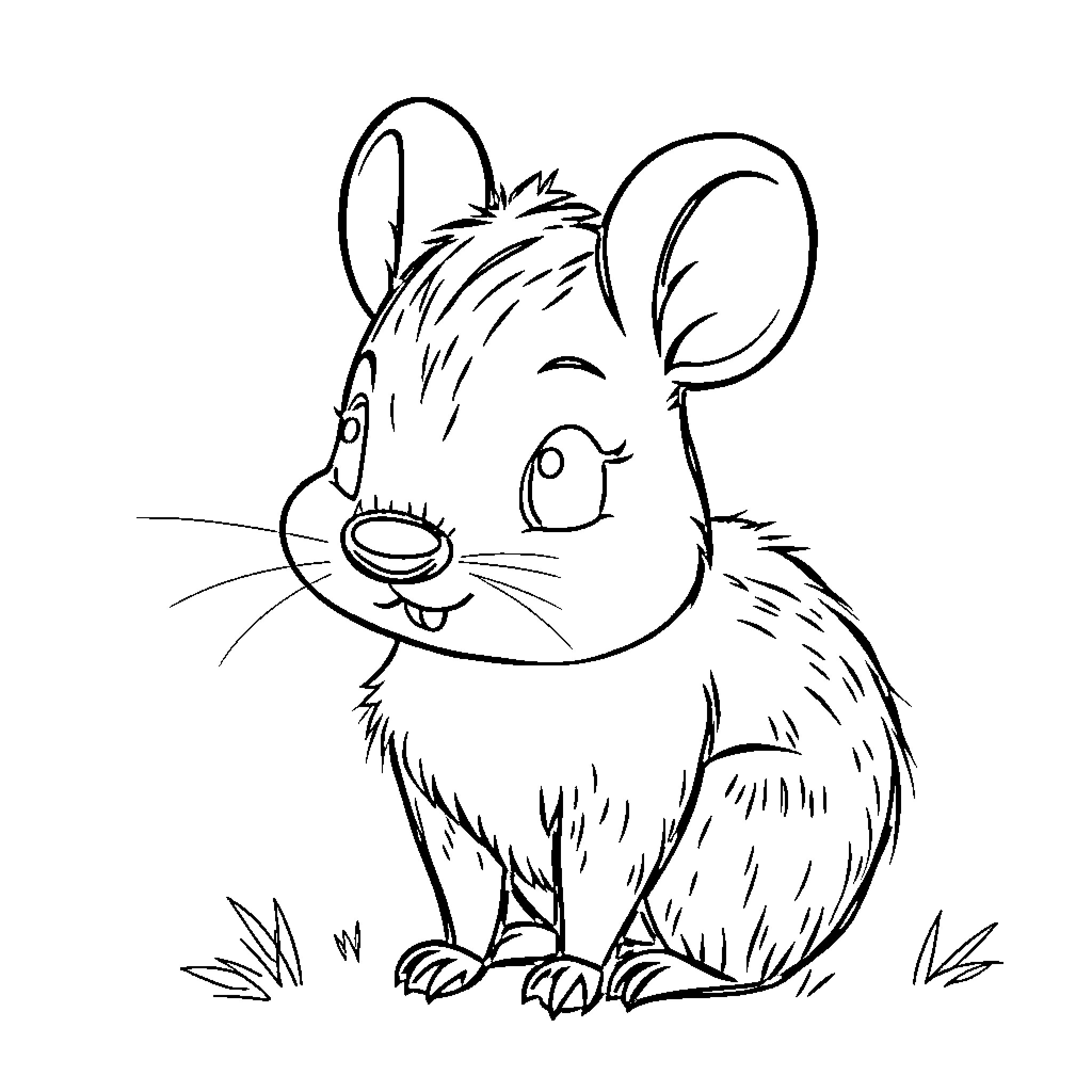 Mouse exploring the grassy field Coloring Page (free black-and-white line drawing printable PDF for all, from beginners to advanced learners, including children, teens, adults, and seniors)