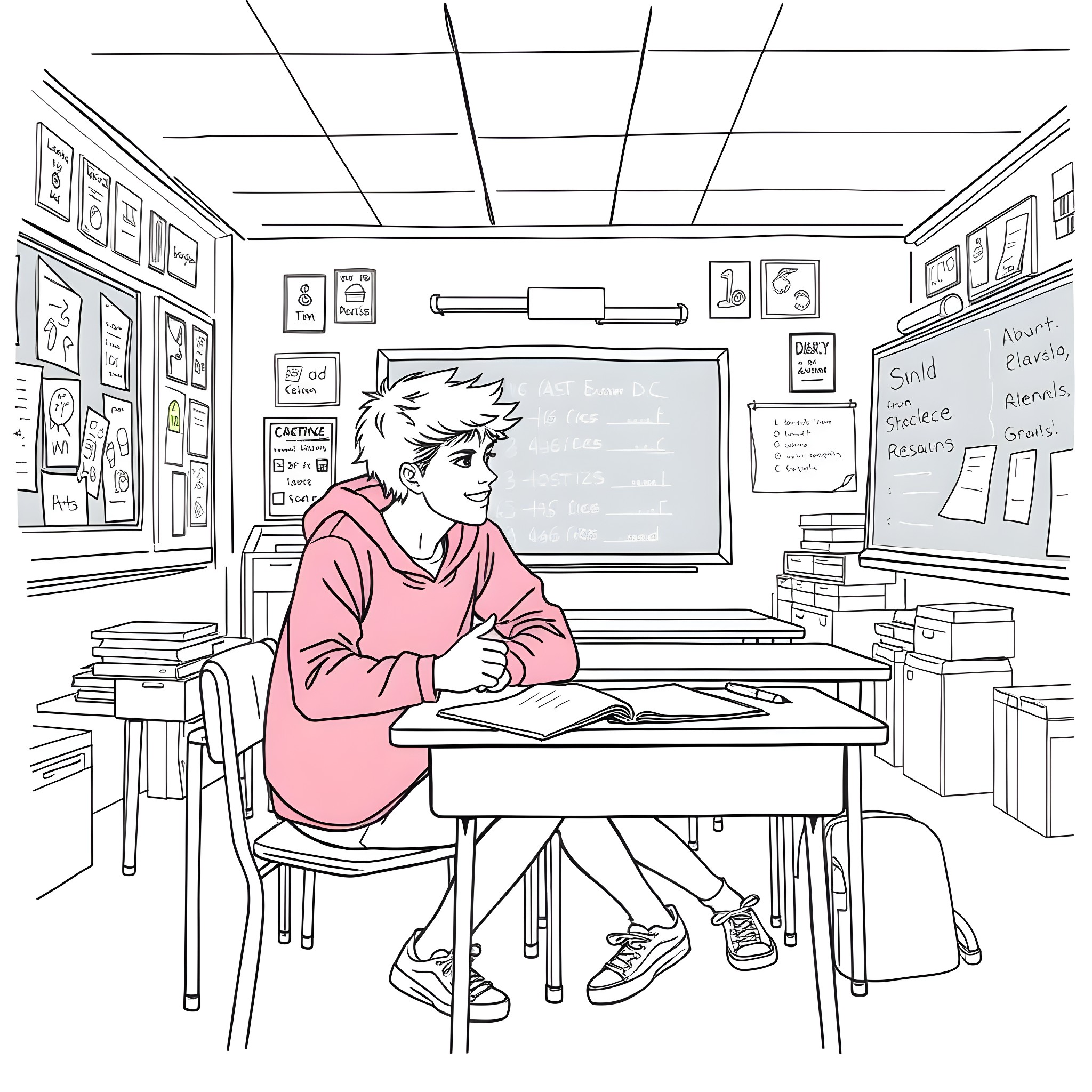 Teen Boy Reading Intently in Classroom Coloring Page (free black-and-white line drawing printable PDF for all, from beginners to advanced learners, including children, teens, adults, and seniors)