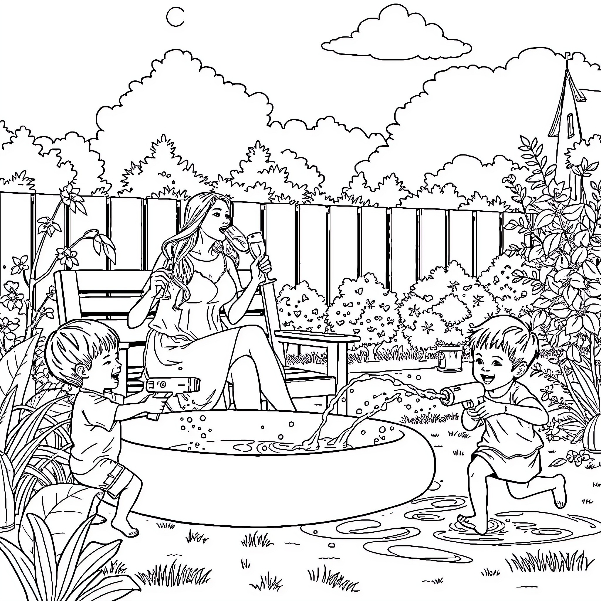 Lady enjoys outdoor activities with children in garden Coloring Page (free black-and-white line drawing printable PDF for all, from beginners to advanced learners, including children, teens, adults, and seniors)