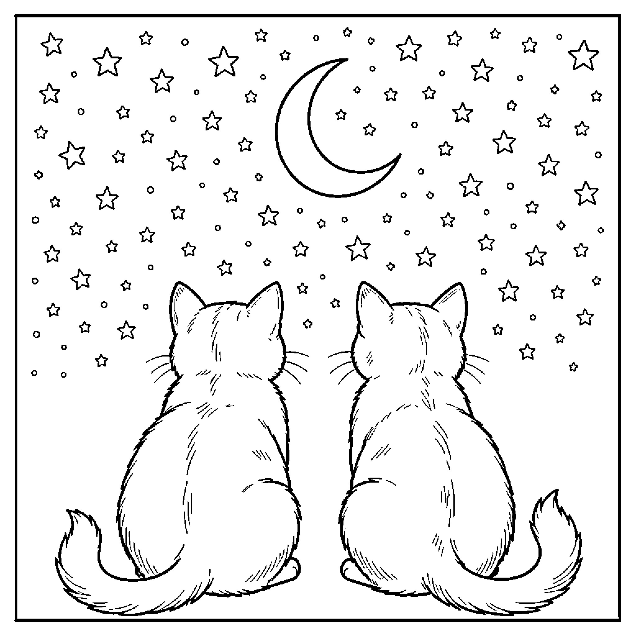 Gato sitting side by side gazing at the moon Coloring Page (free black-and-white line drawing printable PDF for all, from beginners to advanced learners, including children, teens, adults, and seniors)