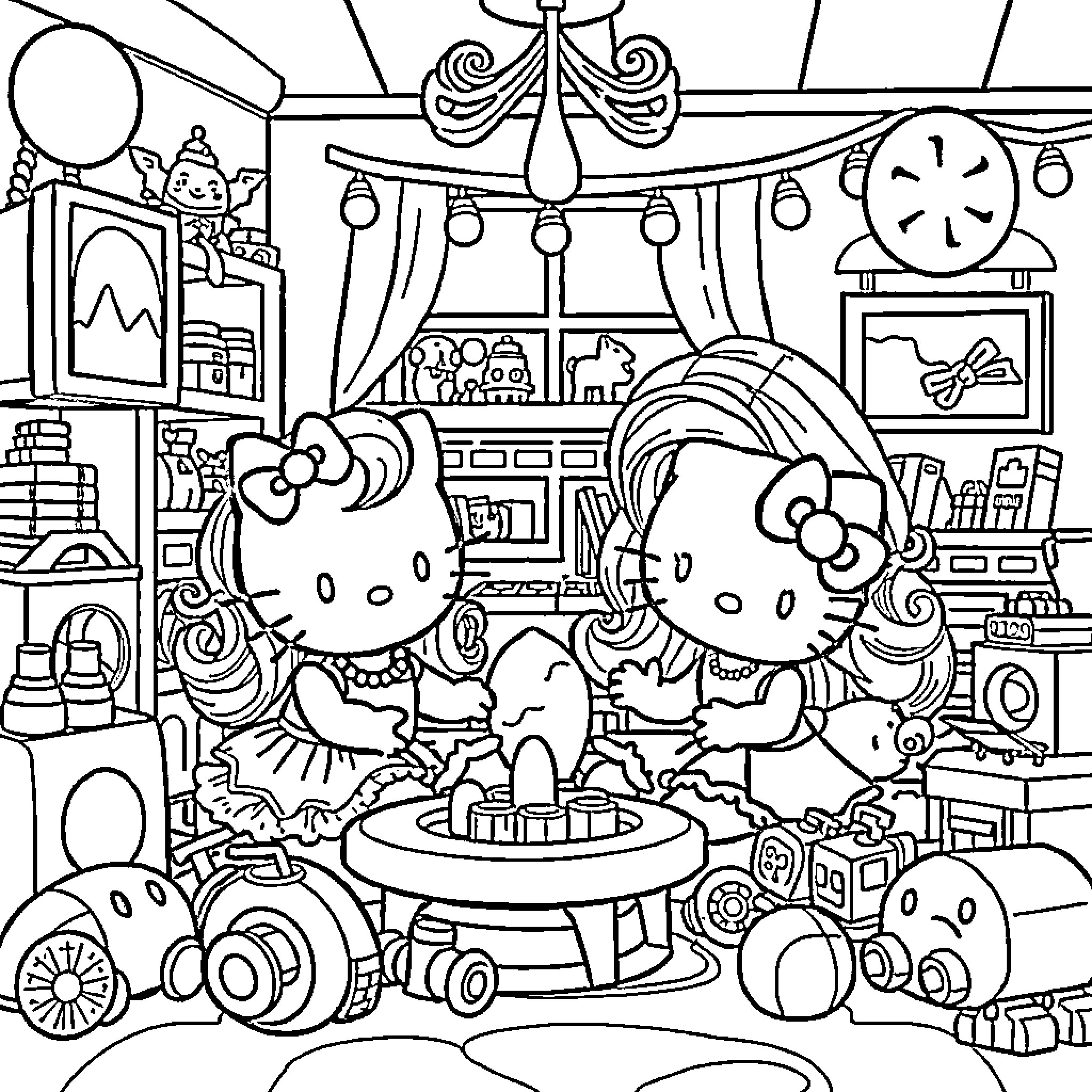 Hello Kitty and Friends Celebrating a Birthday Party Coloring Page (free black-and-white line drawing printable PDF for all, from beginners to advanced learners, including children, teens, adults, and seniors)
