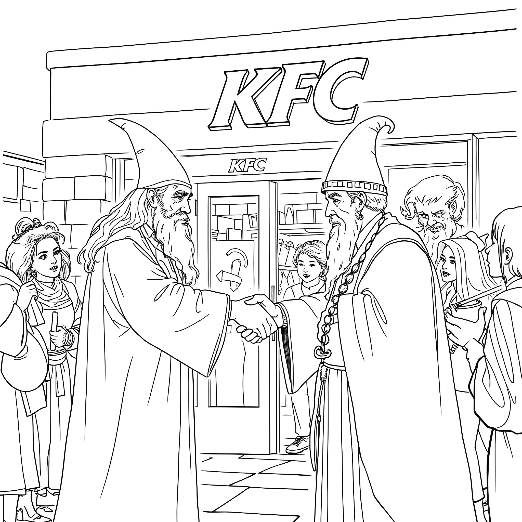 Gandalf's Magical Adventure at KFC Coloring Page (free black-and-white line drawing printable PDF for all, from beginners to advanced learners, including children, teens, adults, and seniors)