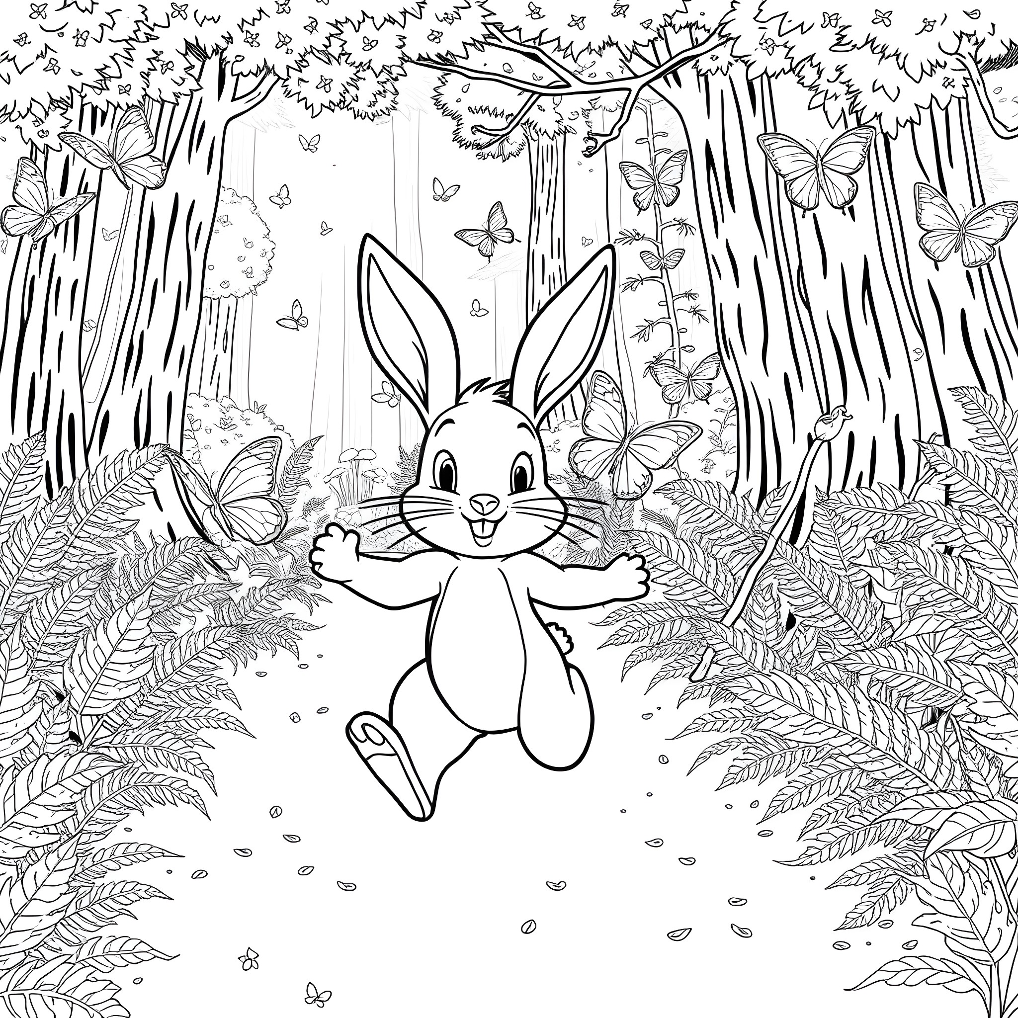 Thumper playing joyfully in the whimsical forest Coloring Page (free black-and-white line drawing printable PDF for all, from beginners to advanced learners, including children, teens, adults, and seniors)