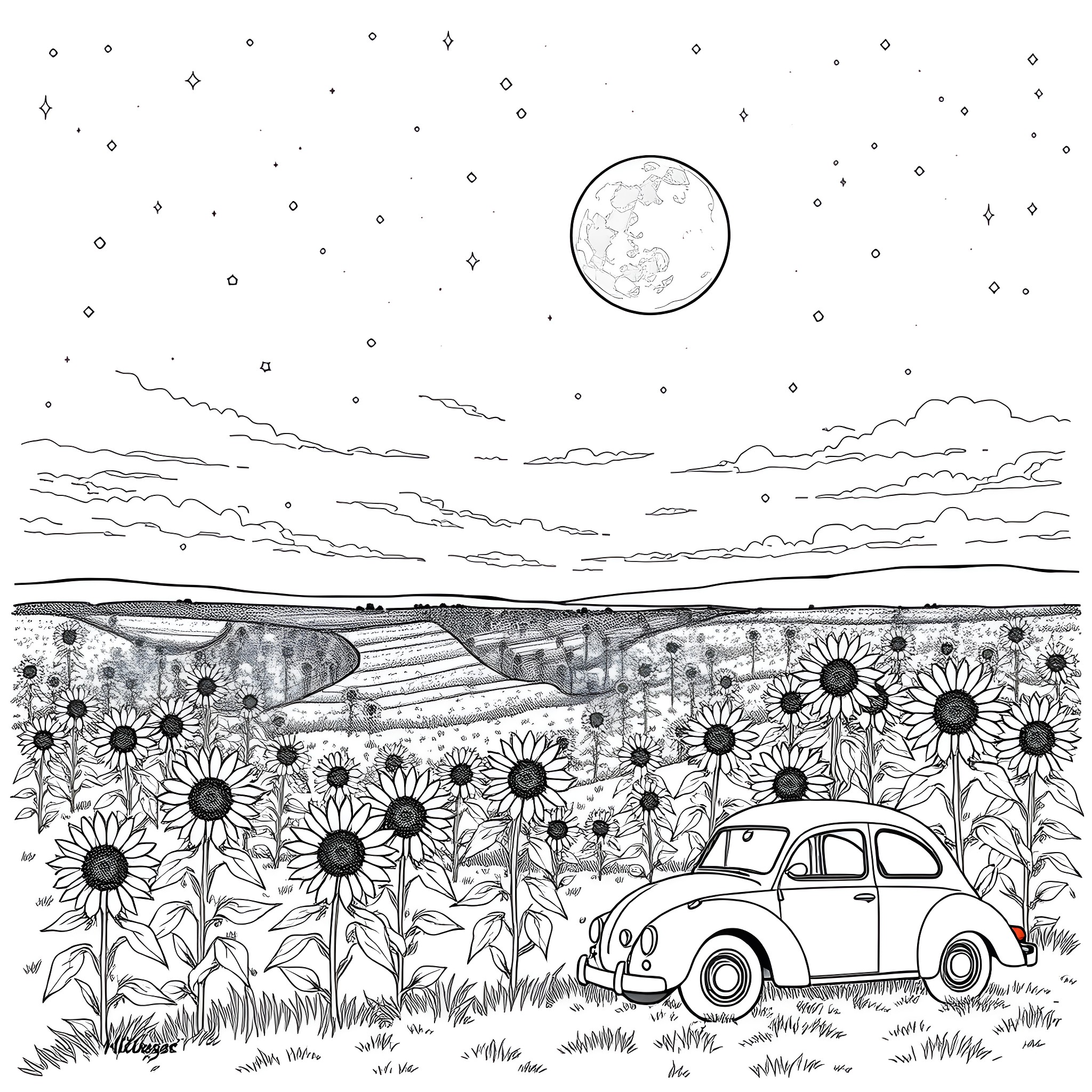 Moon shining over a sunflower field with a vintage car Coloring Page (free black-and-white line drawing printable PDF for all, from beginners to advanced learners, including children, teens, adults, and seniors)