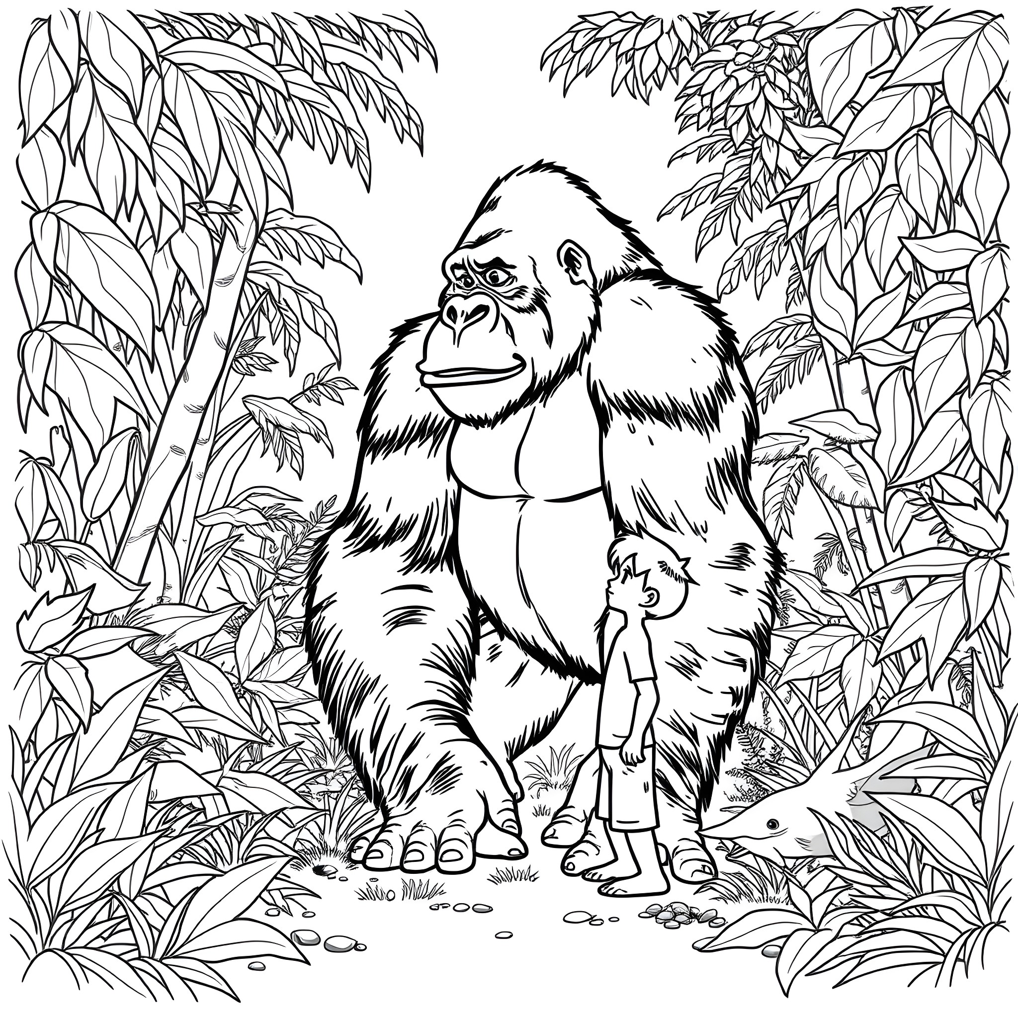 Harambe protecting the jungle with courage Coloring Page (free black-and-white line drawing printable PDF for all, from beginners to advanced learners, including children, teens, adults, and seniors)