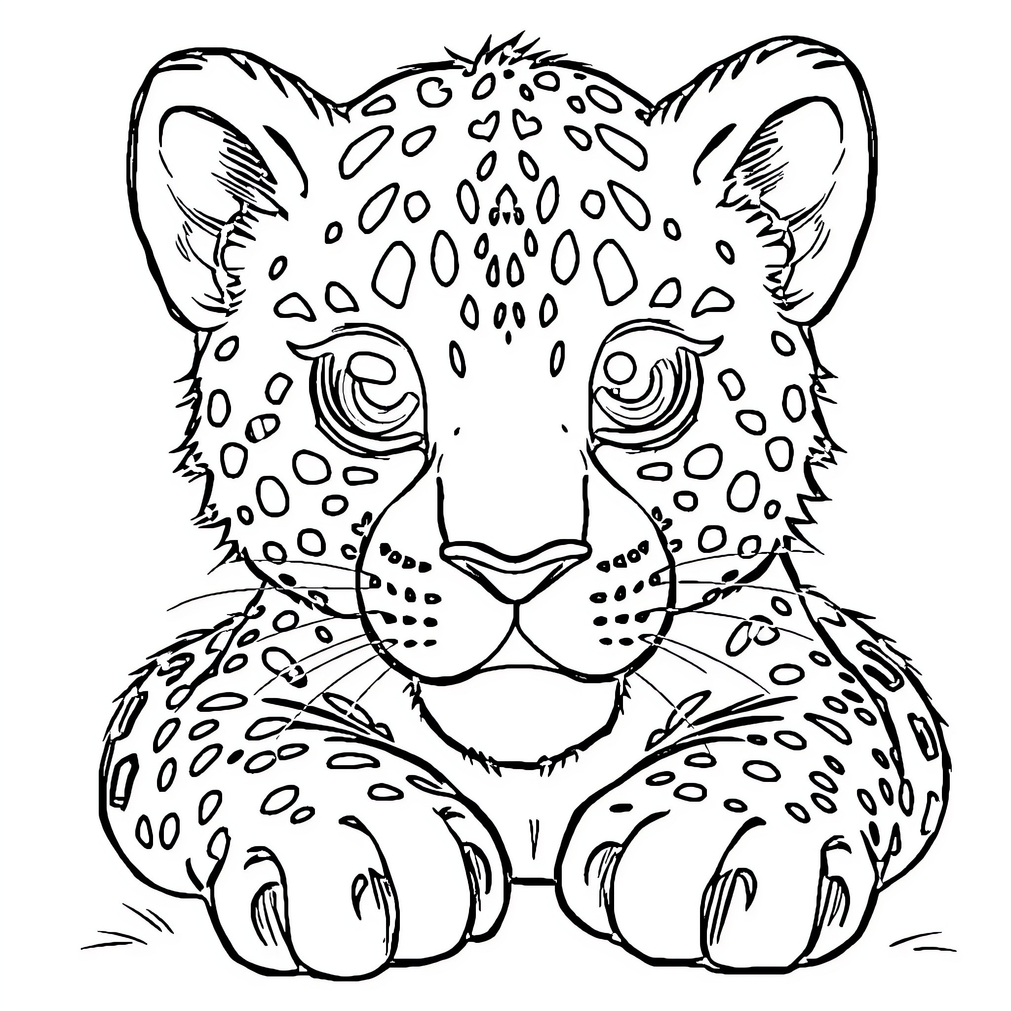 Leopard in peaceful repose Coloring Page (free black-and-white line drawing printable PDF for all, from beginners to advanced learners, including children, teens, adults, and seniors)