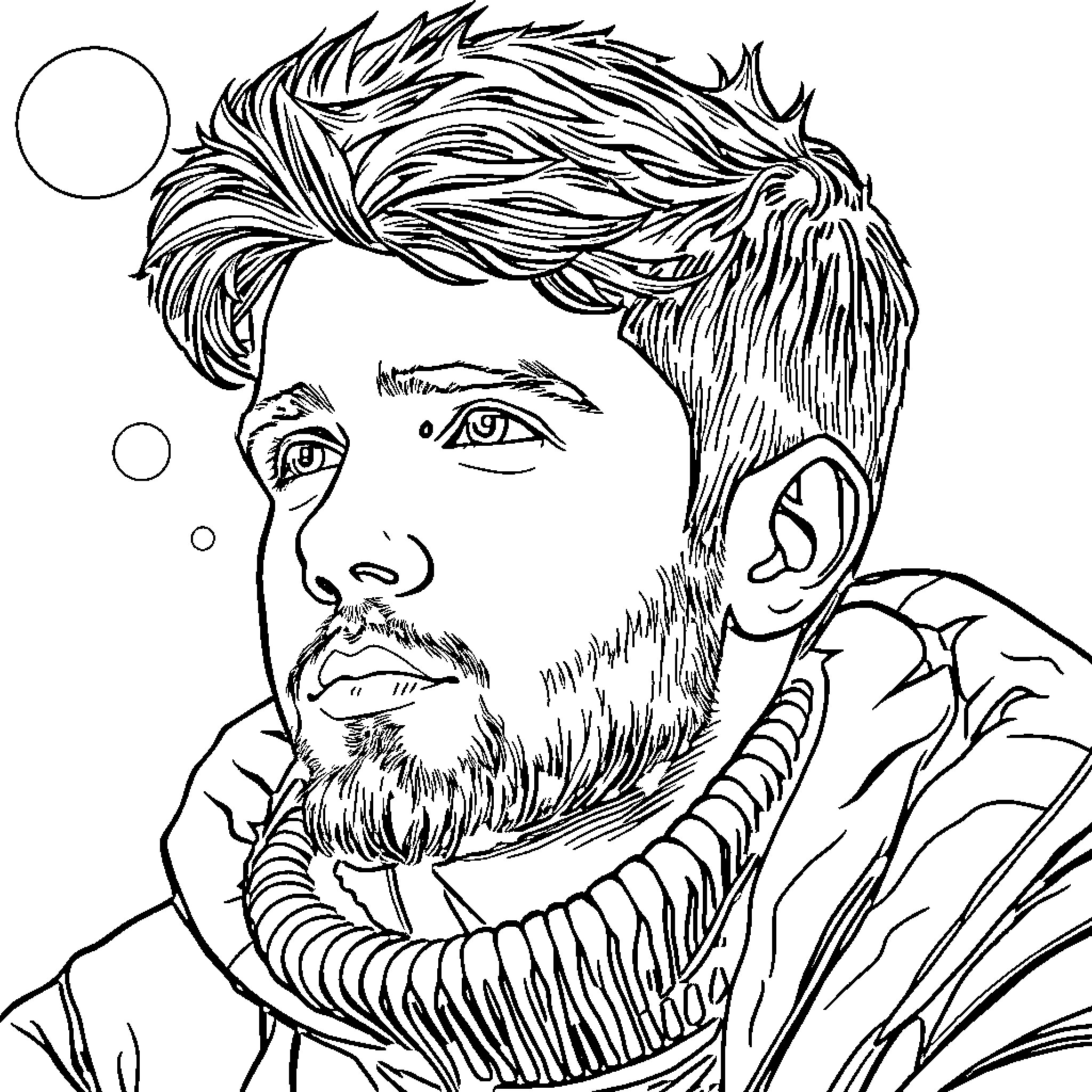 Lukas' striking expression and intricate facial hair Coloring Page (free black-and-white line drawing printable PDF for all, from beginners to advanced learners, including children, teens, adults, and seniors)