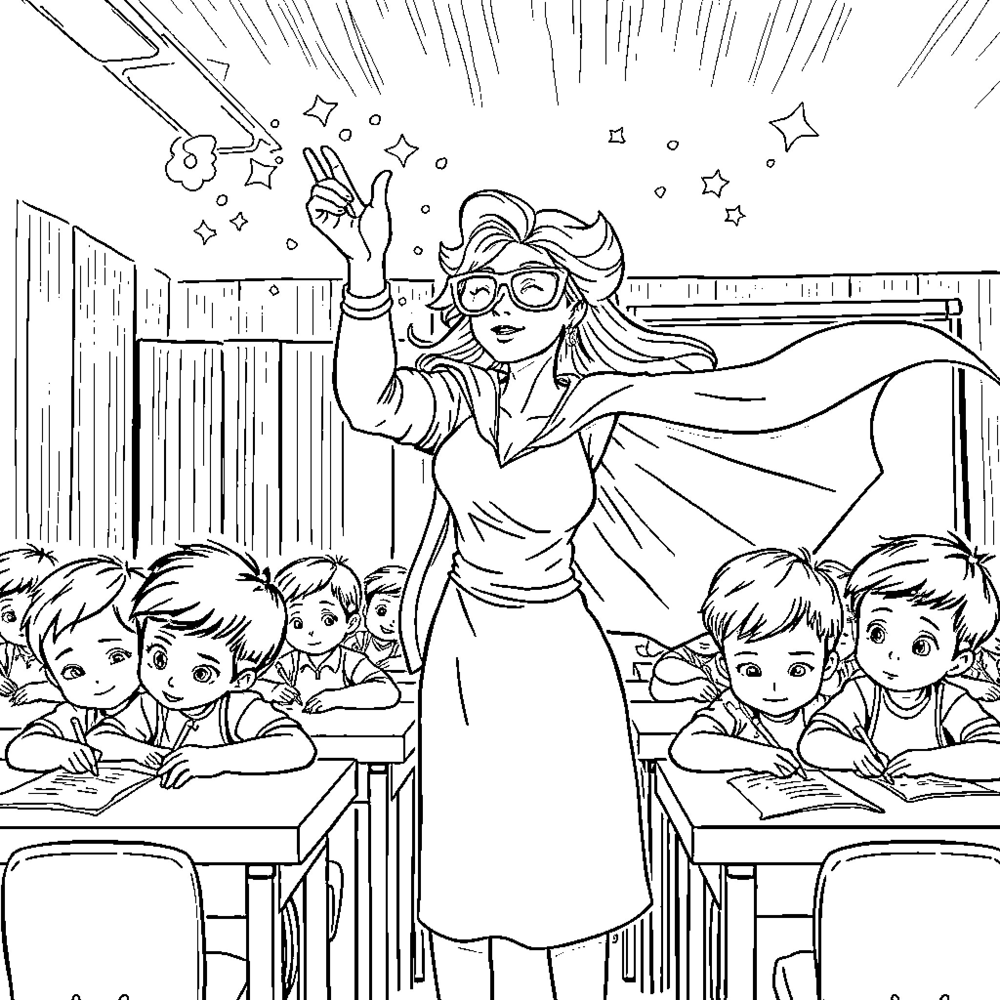Superprofessor inspires students with enthusiasm and imagination Coloring Page (free black-and-white line drawing printable PDF for all, from beginners to advanced learners, including children, teens, adults, and seniors)