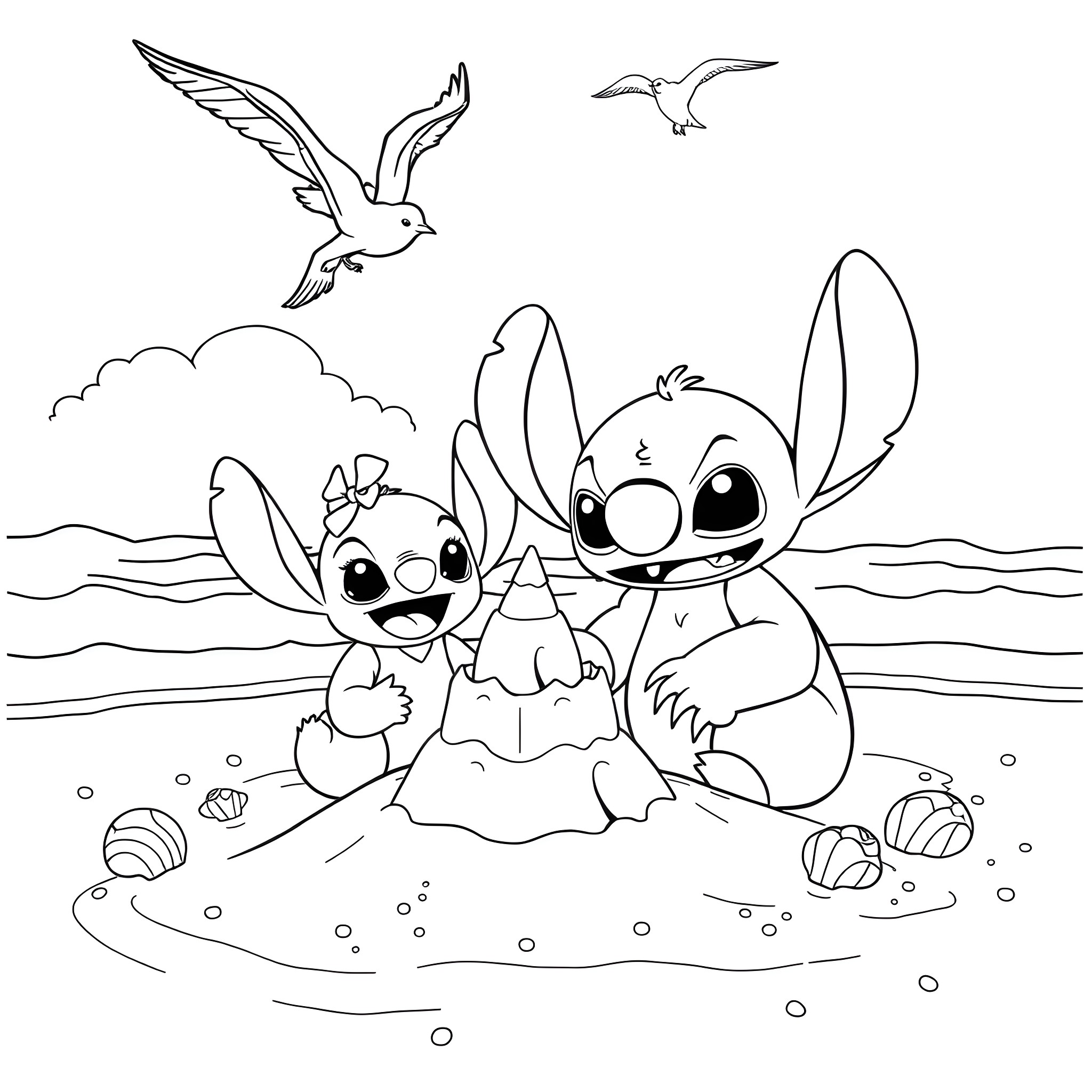 Stitch playing happily with a friend on the beach Coloring Page (free black-and-white line drawing printable PDF for all, from beginners to advanced learners, including children, teens, adults, and seniors)