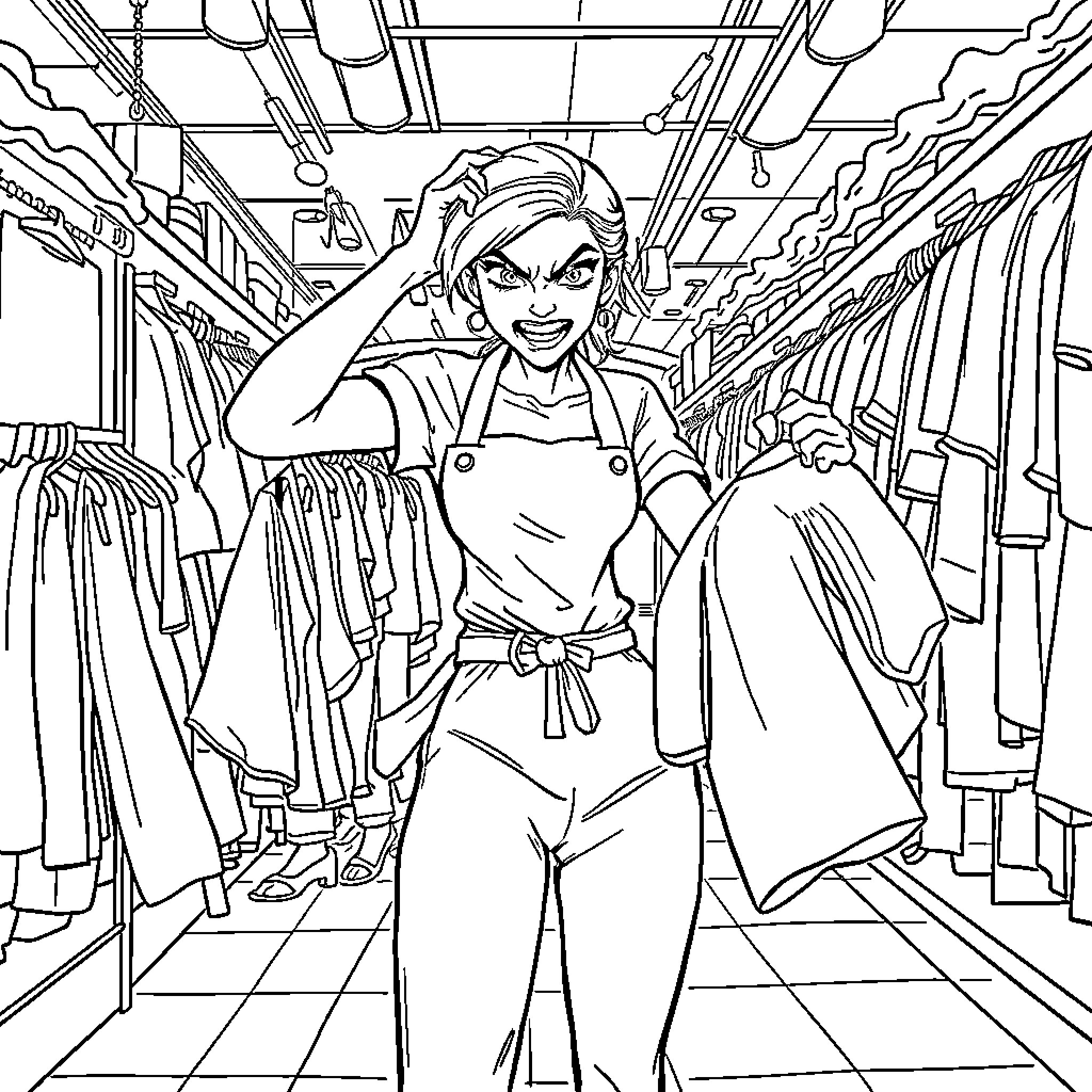 Retail Worker Assisting Customers in Store Coloring Page (free black-and-white line drawing printable PDF for all, from beginners to advanced learners, including children, teens, adults, and seniors)