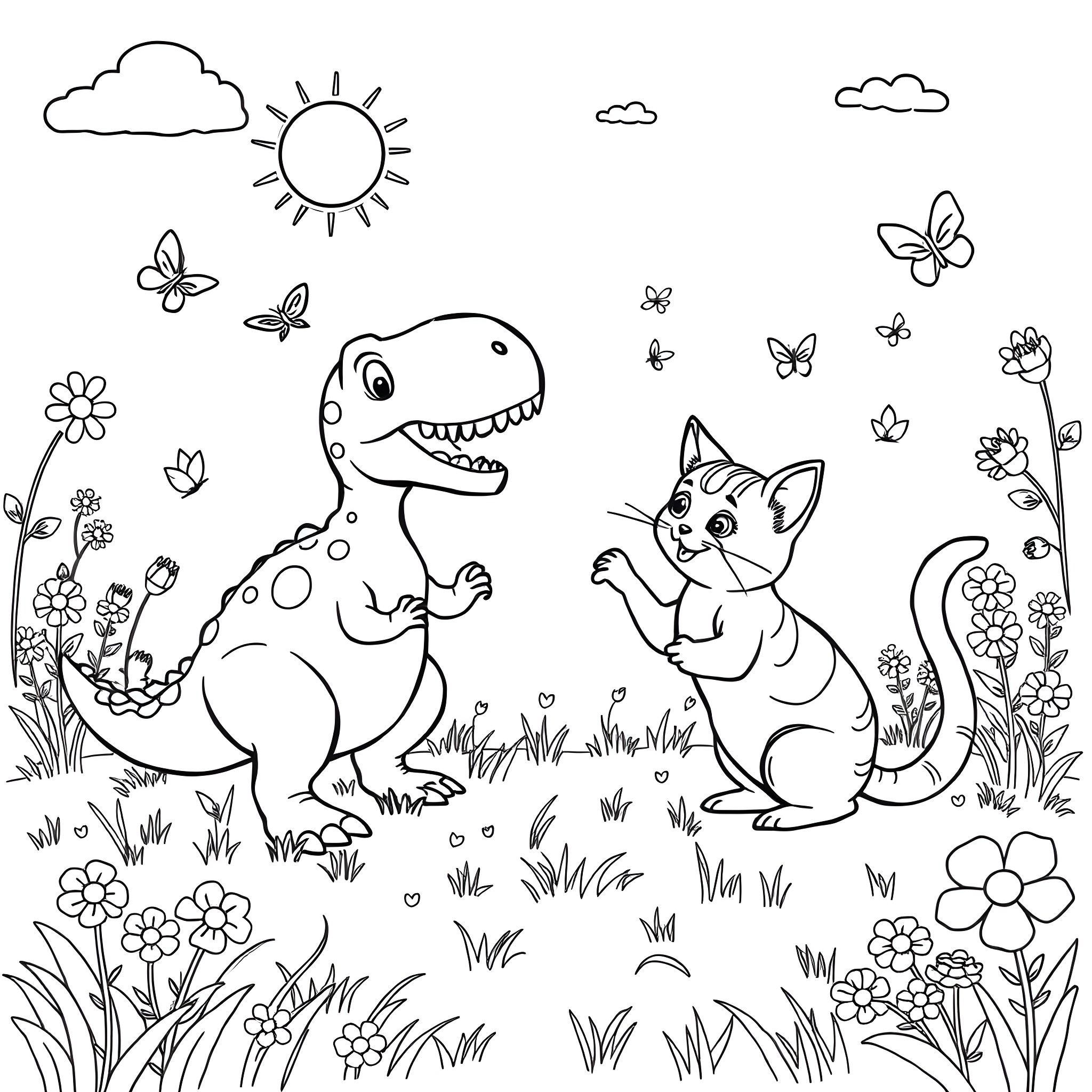 Dinosaur and cat playing together in a flower field Coloring Page (free black-and-white line drawing printable PDF for all, from beginners to advanced learners, including children, teens, adults, and seniors)