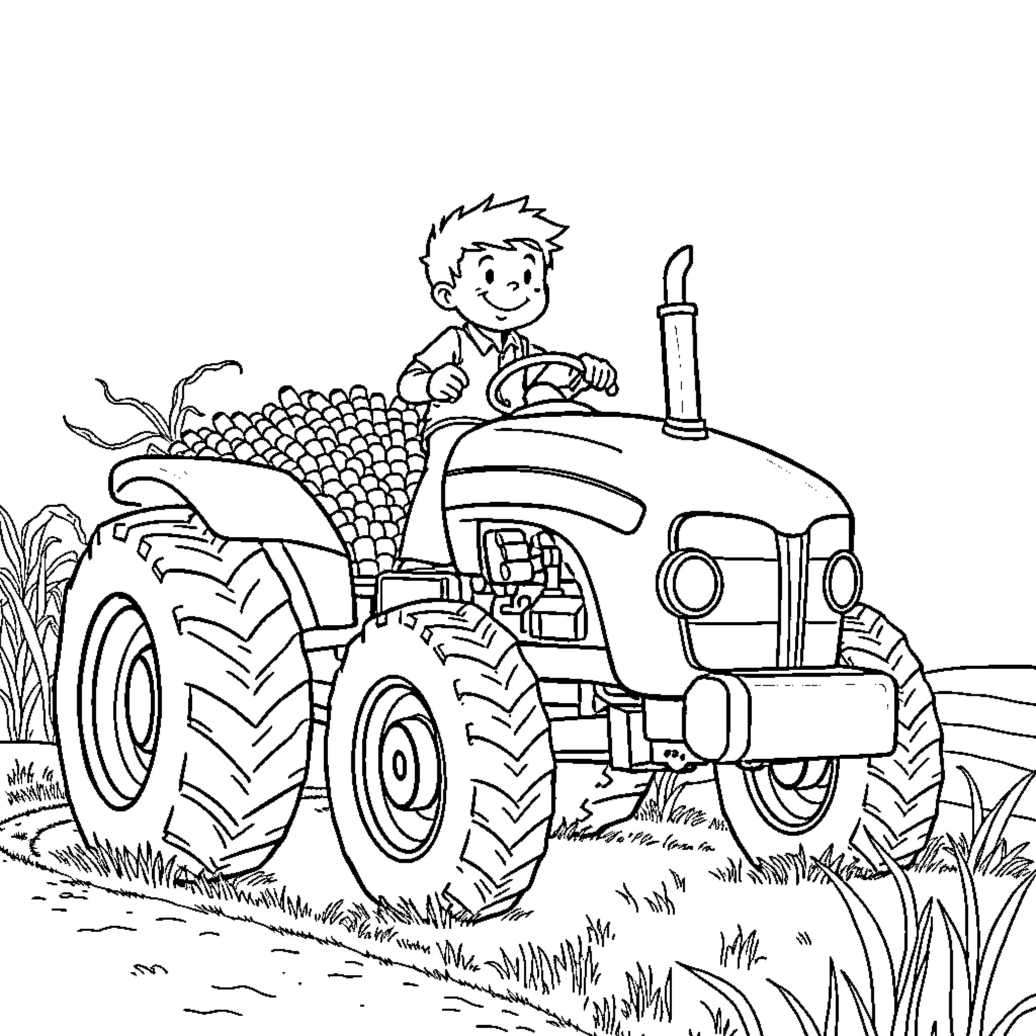 Tractor driver happily operating farm equipment Coloring Page (free black-and-white line drawing printable PDF for all, from beginners to advanced learners, including children, teens, adults, and seniors)