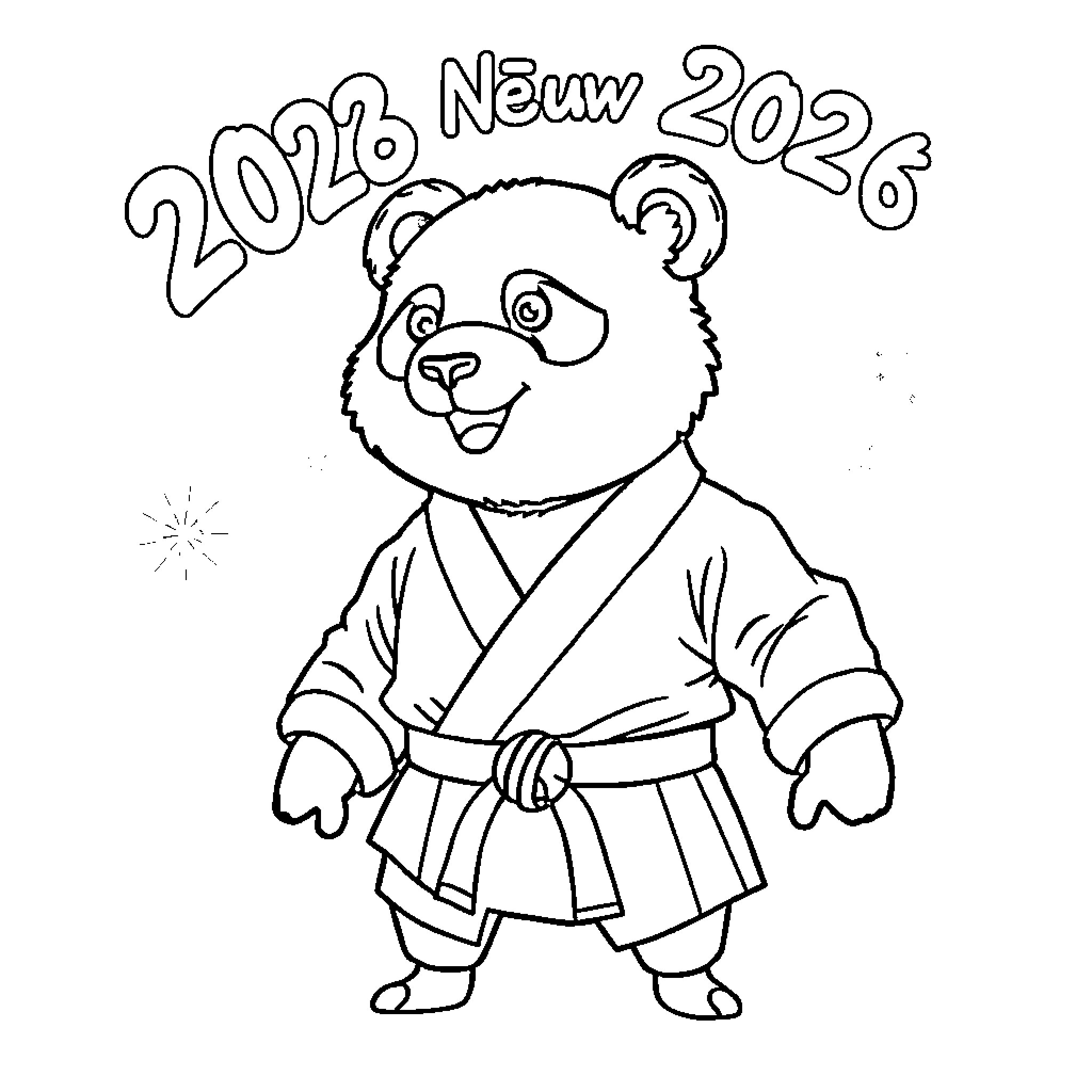 Panda in martial arts outfit welcoming the new year Coloring Page (free black-and-white line drawing printable PDF for all, from beginners to advanced learners, including children, teens, adults, and seniors)