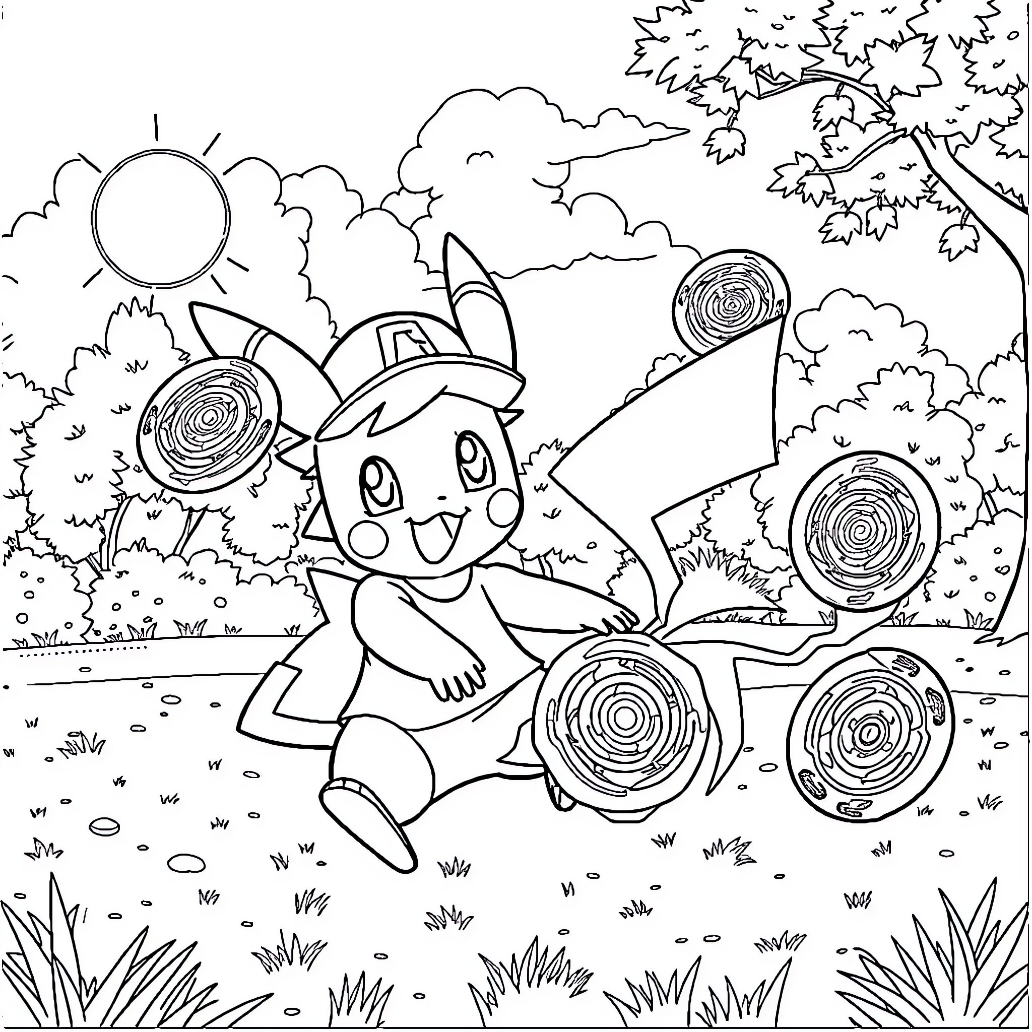 Ash Ketchum's Joyful Adventure in the Vibrant Outdoors Coloring Page (free black-and-white line drawing printable PDF for all, from beginners to advanced learners, including children, teens, adults, and seniors)