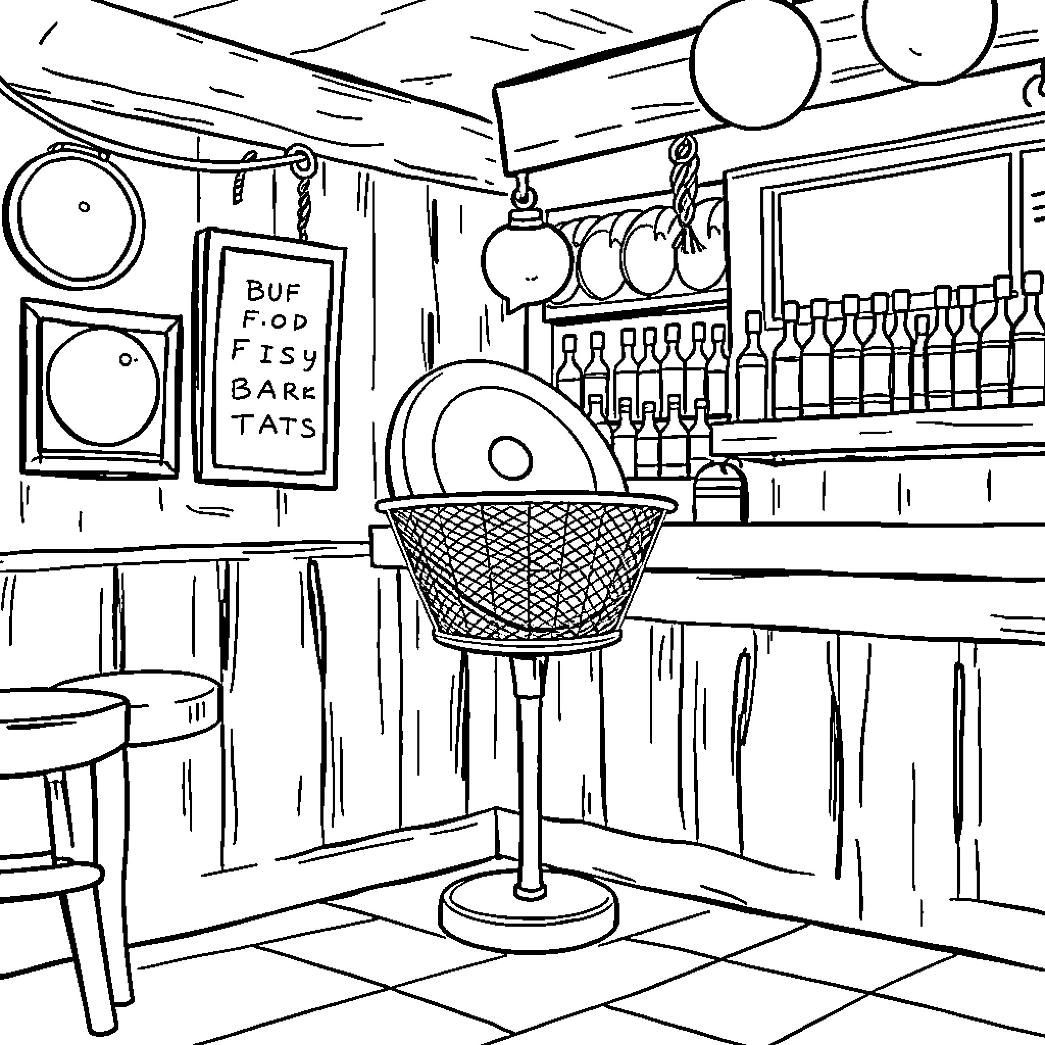 Disc Golf Bar and Tats Coloring Page (free black-and-white line drawing printable PDF for all, from beginners to advanced learners, including children, teens, adults, and seniors)