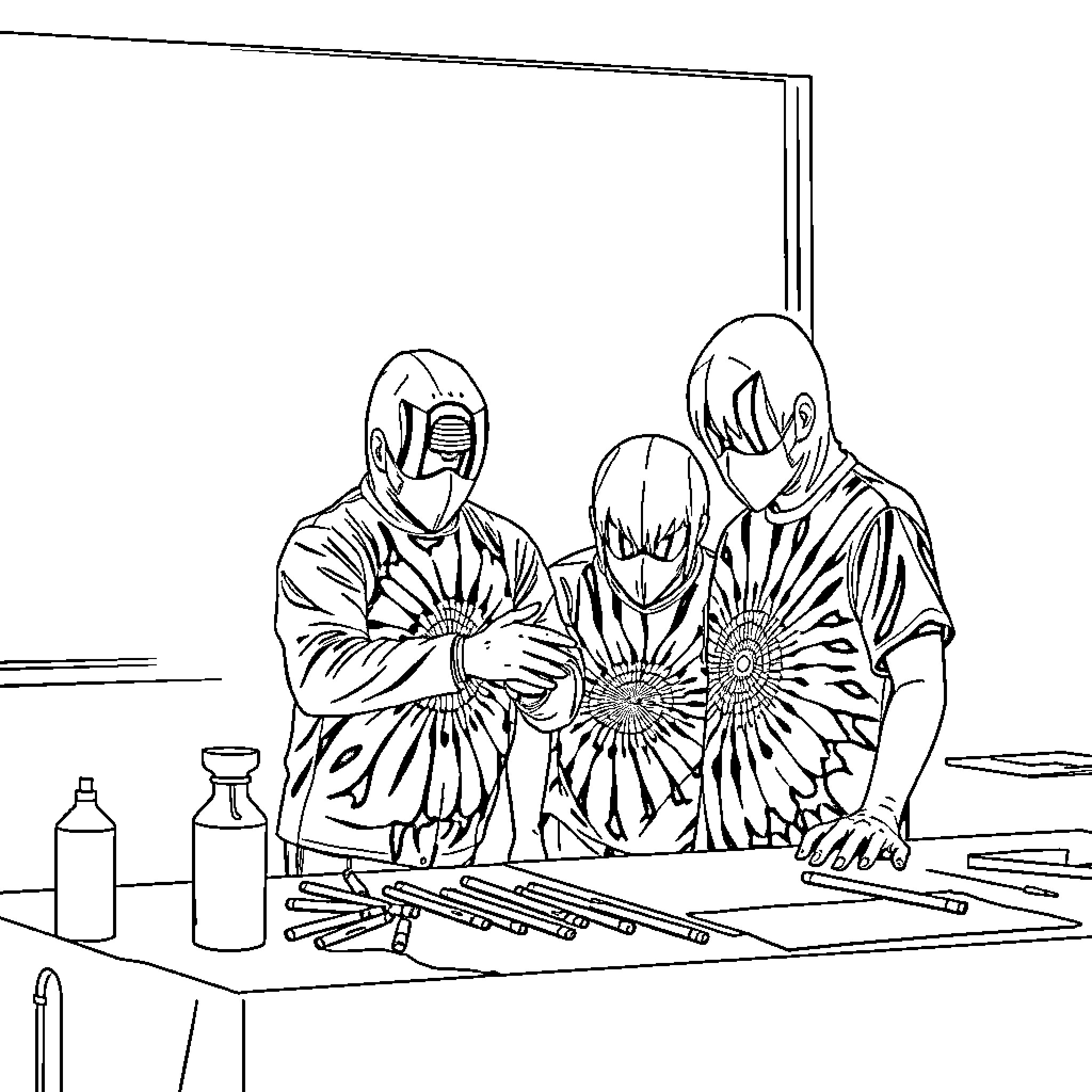 Ice Agents examining mysterious objects on table Coloring Page (free black-and-white line drawing printable PDF for all, from beginners to advanced learners, including children, teens, adults, and seniors)