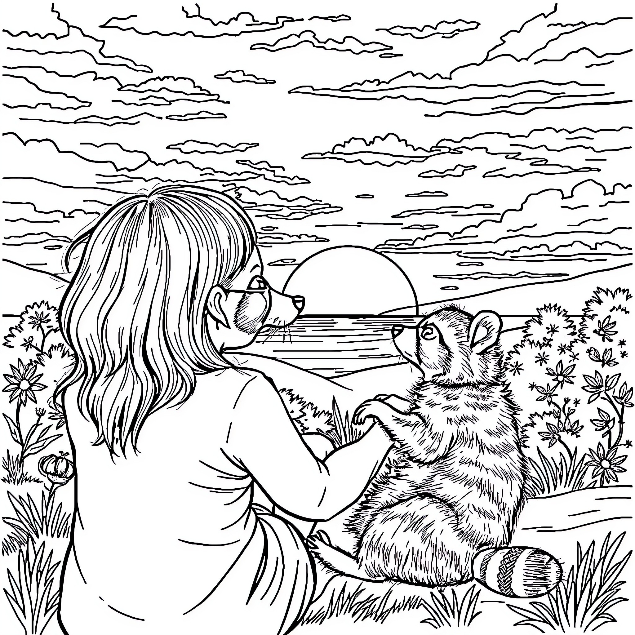 Raccoon and girl enjoying nature together Coloring Page (free black-and-white line drawing printable PDF for all, from beginners to advanced learners, including children, teens, adults, and seniors)
